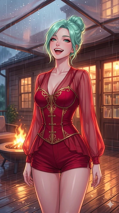 score_9, masterpiece, best quality, ultra-detailed, high-budget anime keyframe, vibrant anime aesthetic, Japanese woman. close-up cowboy shot from the waist and thighs up, the character dominates the composition, filling the frame with her large pres