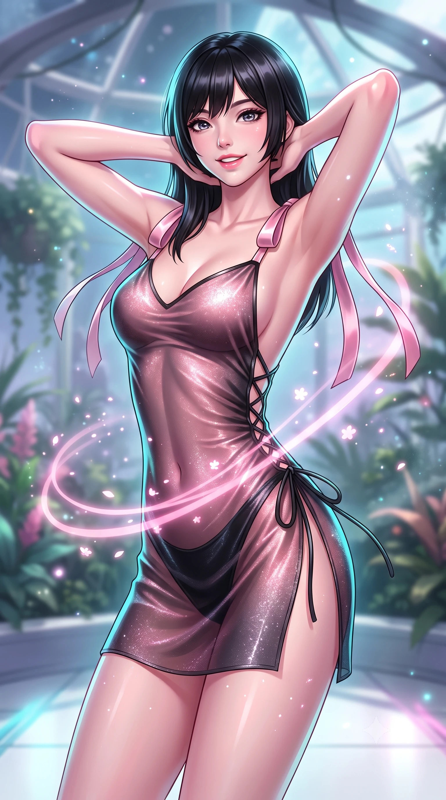 score_9, masterpiece, best quality, ultra-detailed, high-budget anime keyframe, semi-realistic 3D game render, editorial fashion photography, tasteful artistic composition, Caucasian woman. close-up cowboy shot from the waist and thighs up, the character dominates the composition, filling the frame with her large presence. resting both hands lightly behind her neck with elbows raised, arching her spine to highlight her narrow waist, flat midriff, and breathtaking collarbones while twisting her slender torso in an alluring S-curve, glowing floral pollen and soft pink LED ribbons tracing her dewy skin and flat midriff. The background shows a soft-focus gentle nutrient mist droplets softened in orbital botanical penthouse shallow focus. She has an exceptionally elegant, slender, and willowy female figure with an ultra-slim waist, flat toned midriff, narrow ribcage, and sculpted feminine hips creating an alluring, slim hourglass silhouette without bulk. sharp v-shaped jawline, high-bridge nose, intricate jewel-like sparkling eyes with depth, thick eyelashes, glossy parted lips with a natural peach sheen, bright cheerful beaming smile with an enchanting and coquettish sensual glint, exuding both youthful cute charm and seductive allure, flawlessly proportioned anatomical accuracy, strict slender model proportions, natural body alignment, perfectly sculpted long slender limbs, ultra-slim waistline, clean dynamic posture without body distortion. wearing an alluring sheer gossamer slip dress with side lace-up corset ties revealing glimpses of her hip curve in Kyoto moonlit sakura blush and polished urushi black, woven from stretch metallic lurex jersey casting radiant starlight glints across her curves, finished with satin ribbon ties at the shoulders fluttering in the gentle breeze, the precision-cut side openings and low-back scoop framing her graceful spine and the sensual sweep of her slim, toned hips. illuminated by floor reflection fill and sharp electric-cyan and rose rim lights defining her dewy collarbones, ultra-slim waist, and curvy hips. highly saturated vibrant anime colors, detailed shading with soft gradients, rich glossy textures, high-contrast stereoscopic depth, volumetric dynamic lighting, master piece, 9:16 ratio