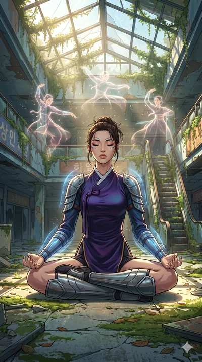score_9, masterpiece, best quality, ultra-detailed, Set A: High-budget Anime Keyframe, Korean woman. Low angle cowboy shot filling the entire 9:16 frame with her statuesque presence. Theme: Historical Remix. meditating in a ruined overgrown shopping 