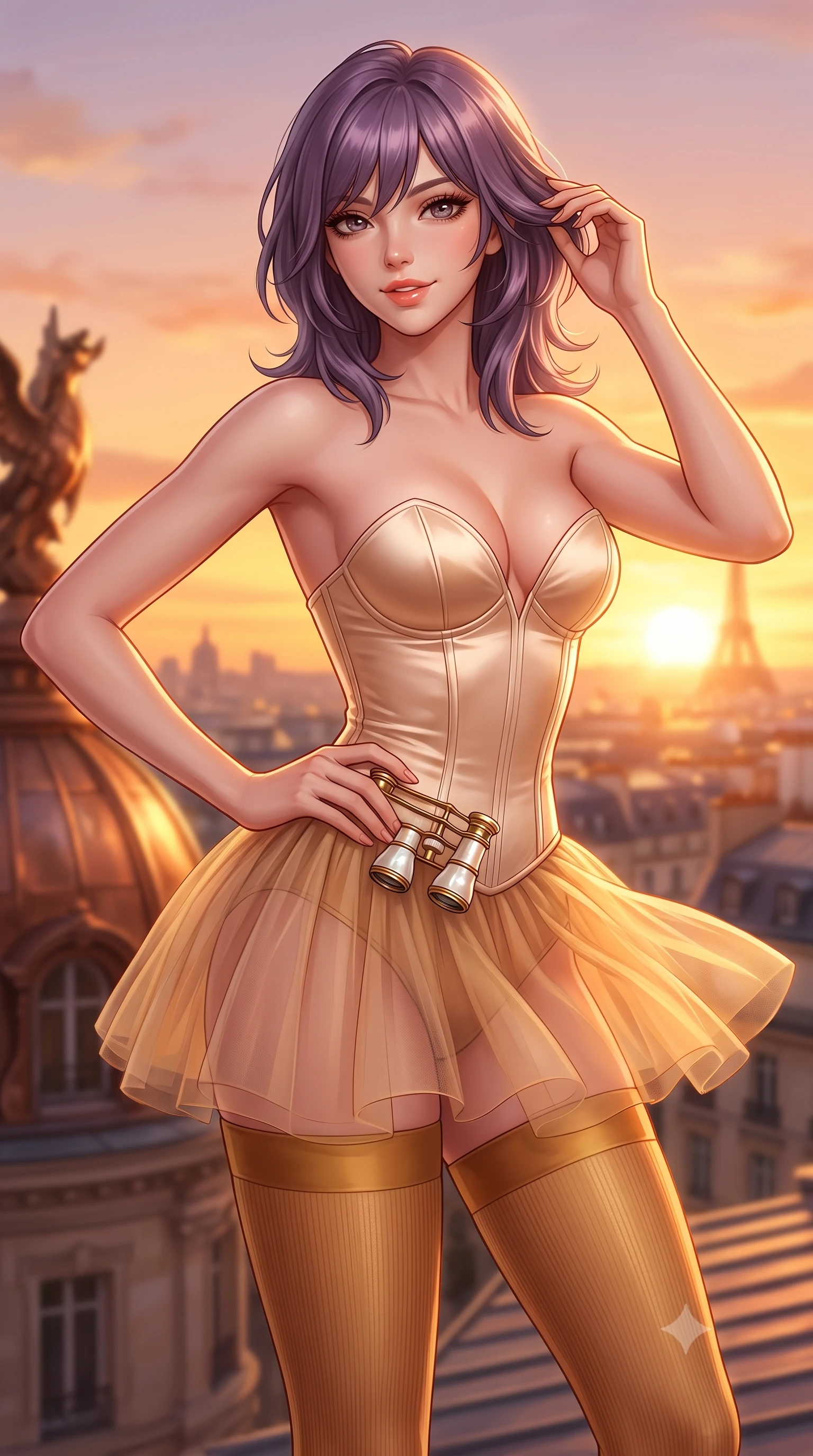 score_9, masterpiece, best quality, ultra-detailed, high-budget anime keyframe, semi-realistic 3D game render, editorial fashion photography, tasteful artistic composition, Japanese woman. close-up cowboy shot from the waist and thighs up, the character dominates the composition, filling the frame with her large presence. twisting her slender torso in an alluring contrapposto stance, one hand resting on her sculpted hip while her fingers toy with her hair with effortless poise while twisting her slender torso in an alluring S-curve, golden hour winds molding her sheer tulle skirt to her long slender legs and curvy hips. The background shows a soft-focus copper roof sculptures softened in romantic sunset rooftop shallow focus. She has an exceptionally elegant, slender, and willowy female figure with an ultra-slim waist, flat toned midriff, narrow ribcage, and sculpted feminine hips creating an alluring, slim hourglass silhouette without bulk. sharp v-shaped jawline, high-bridge nose, sparkling eyes with hypnotic seductive depth, thick curled eyelashes, glossy parted lips with a natural dewy peach sheen, alluring bedroom-eyes with an enchanting coquettish smile, exuding magnetic siren charisma and sophisticated glamour, flawlessly proportioned anatomical accuracy, strict slender model proportions, natural body alignment, perfectly sculpted long slender limbs, ultra-slim waistline, clean dynamic posture without body distortion. wearing a plunging sweetheart-neckline boned satin ballet bustier paired with an ultra-short sheer tulle micro-tutu and silk stockings in warm amber honey and antique gold leaf, tailored from fine ribbed modal knit with gentle elastic contouring and soft hand-feel, accented with an antique mother-of-pearl opera glass held casually in one hand, the form-contouring silhouette accentuating her sculpted flat midriff, narrow delicate ribcage, and gracefully curvy hips with intoxicating allure. bathed in molten golden hour sunset light washing horizontally across the Parisian skyline. highly saturated vibrant anime colors, detailed shading with soft gradients, rich glossy textures, high-contrast stereoscopic depth, volumetric dynamic lighting, master piece, 9:16 ratio
