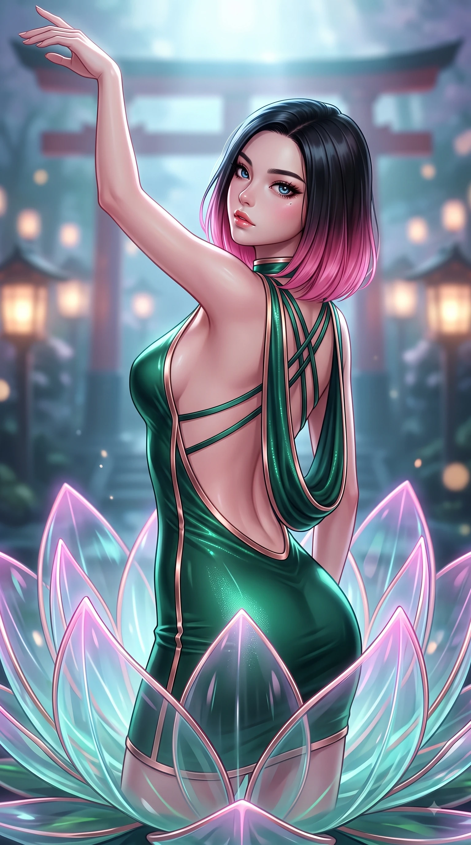 score_9, masterpiece, best quality, ultra-detailed, high-budget anime keyframe, semi-realistic 3D game render, editorial fashion photography, tasteful artistic composition, Korean woman. close-up cowboy shot from the waist and thighs up, the character dominates the composition, filling the frame with her large presence. extending one arm gracefully toward the light while her torso arches in a sleek, alluring curve with magnetic intensity while rising with sovereign elegance from the center of a blooming neon-lit glass lotus flower. The composition keeps background elements in soft focus with creamy bokeh. distant temple torii gates and lantern reflections softened in dreamy shallow focus. She has an exceptionally elegant, slender, and willowy female figure with an ultra-slim waist, a gracefully sculpted slender torso, and a refined silhouette. sharp v-shaped jawline, high-bridge nose, intricate jewel-like eyes with depth, thick eyelashes, glossy lips with a natural sheen, flawlessly proportioned anatomical accuracy, natural body alignment, perfectly sculpted elegant limbs, clean dynamic posture without body distortion. wearing a precision-fitted liquid jersey bodycon dress with a dramatic draped cowl back that swoops down to her waist in emerald green and metallic rose gold trim, tailored from semi-translucent cybernetic vinyl with glowing micro-filaments, complemented by criss-cross back straps highlighting her completely bare spine, the liquid-tight fabric adhering flawlessly to her sculpted torso and slender silhouette. surrounded by an ethereal, sacred, and intensely seductive temple ambiance. highly saturated vibrant anime colors, detailed shading with soft gradients, rich glossy textures, high-contrast stereoscopic depth, volumetric dynamic lighting, master piece, 9:16 ratio