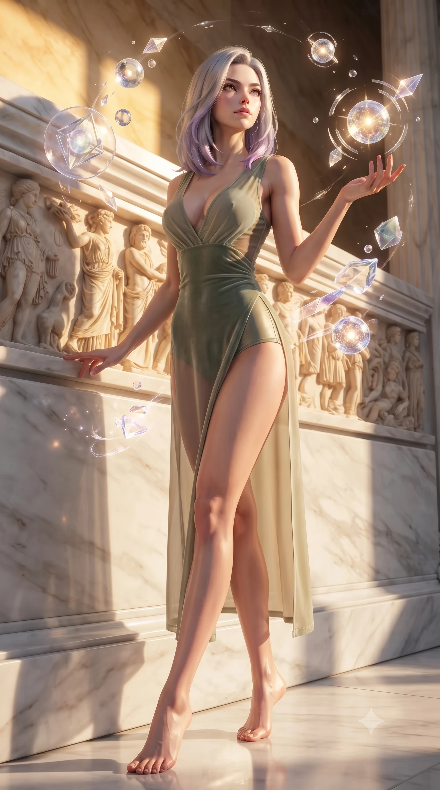 score_9, masterpiece, best quality, ultra-detailed, high-budget anime keyframe, editorial fashion photography, tasteful artistic composition, Caucasian woman. low angle full-body shot from head to toe showing her feet, filling the entire 9:16 vertical frame with her statuesque presence, stretching her vertical silhouette. interacting gracefully with the magical floating elements while maintaining a confident posture poised beside a carved marble frieze reflecting warm golden sunbeams, intense Mediterranean sun beams illuminating polished white marble surfaces. She has an absolutely perfect, statuesque 8.5-heads proportion, an exceptionally tall and slender model-like female figure with impossibly long slender legs and an ultra-slim waist. sharp v-shaped jawline, high-bridge nose, intricate jewel-like eyes with depth, thick eyelashes, glossy lips with a natural sheen. wearing a semi-opaque sheer overlay dress over a leather micro-bodysuit in sage green and oatmeal, made of premium stretch velvet with a rich sheen, finished with a sleek side slit ascending to mid-thigh, the tailored fabric tightly following every curve of her athletic build. illuminated by warm marble reflections and soft, elegant shading. highly saturated vibrant anime colors, detailed shading with soft gradients, rich glossy textures, high-contrast stereoscopic depth, volumetric dynamic lighting, master piece, 9:16 ratio