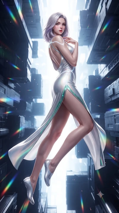 score_9, masterpiece, best quality, ultra-detailed, high-budget anime keyframe, editorial fashion photography, tasteful artistic composition, Caucasian woman. low angle full-body shot from head to toe showing her feet, filling the entire 9:16 vertica
