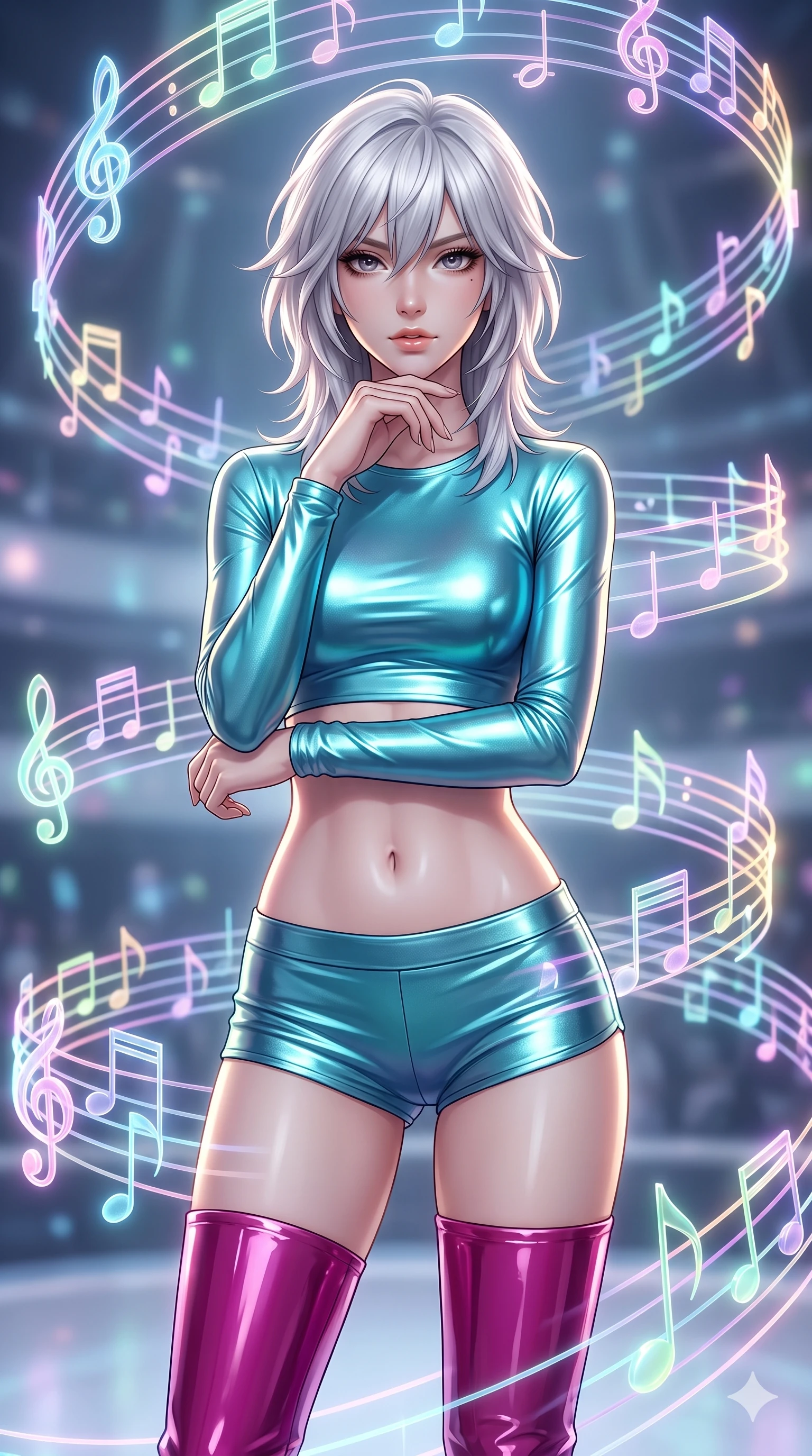 score_9, masterpiece, best quality, ultra-detailed, high-budget anime keyframe, editorial fashion photography, tasteful artistic composition, Japanese woman. close-up cowboy shot from the waist and thighs up, the character dominates the composition, filling the frame with her large presence, background elements kept in soft focus. Resting her chin on the backs of her fingers in a confident pose. set against a soft-focus background of a futuristic concert hall where holographic musical notes materialize as glowing three-dimensional objects that orbit spiral and cascade through the air in luminous trails of sound made visible. She has an exceptionally elegant and slender, willowy female figure with an ultra-slim waist, a gracefully sculpted slender torso, and a refined slim physique. sharp v-shaped jawline, high-bridge nose, intricate jewel-like eyes with depth, thick eyelashes, glossy lips with a natural sheen. wearing a metallic turquoise crop top with matching micro-shorts and thigh-high patent leather boots in a vibrant magenta. soft glowing ambient light with sharp side key light tracing the sleek contours of her figure. 2k, ultra detail, master piece, 9:16 ratio