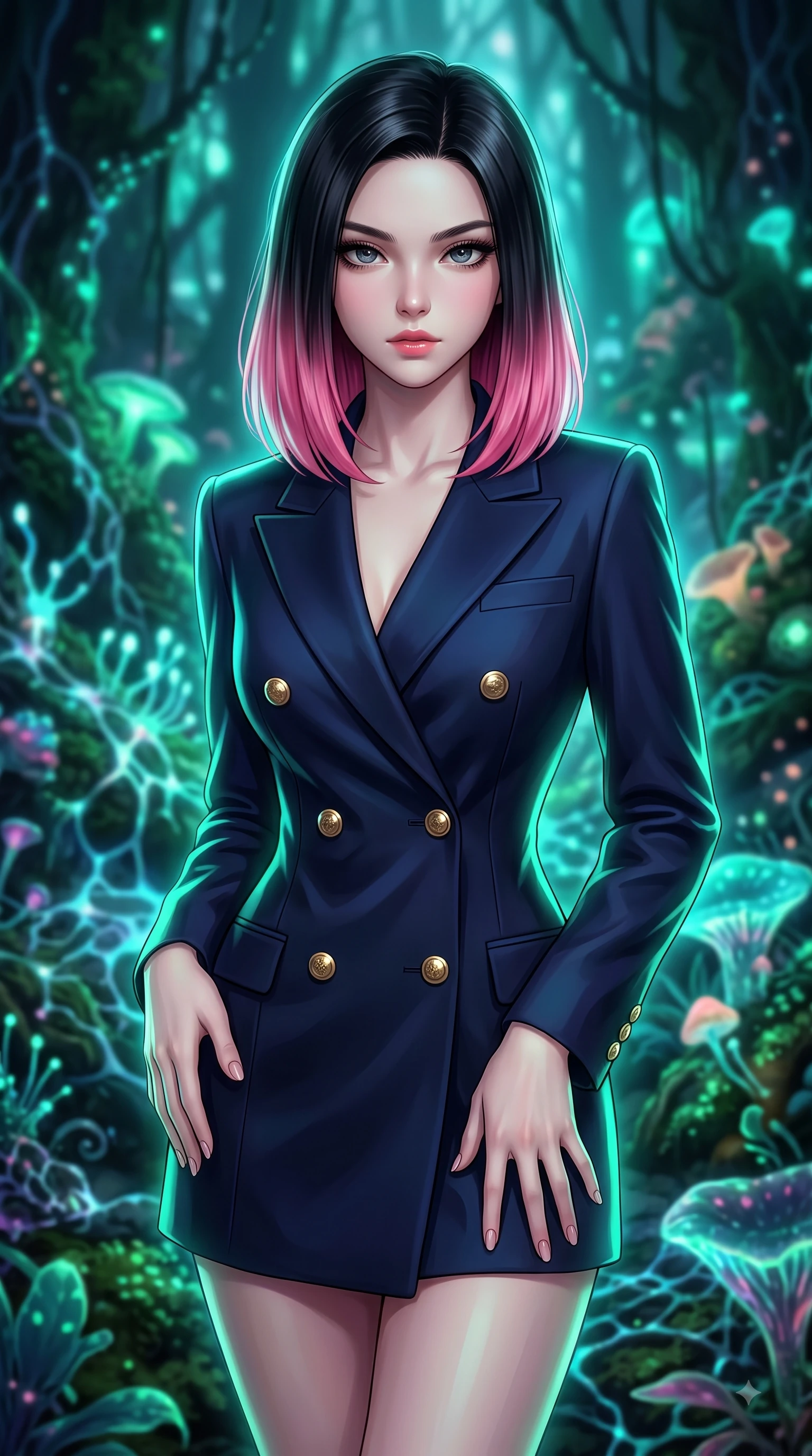 score_9, masterpiece, best quality, ultra-detailed, high-budget anime keyframe, editorial fashion photography, tasteful artistic composition, Korean woman woman. close-up cowboy shot from the waist and thighs up, the character dominates the composition, filling the frame with her large presence, background elements kept in soft focus. She has an exceptionally elegant, slender, and willowy female figure with an ultra-slim waist, a gracefully sculpted slender torso, and a refined silhouette. casting a slow, direct gaze beneath heavy lashes with magnetic intensity, flawlessly proportioned anatomical accuracy, natural body alignment, perfectly sculpted elegant limbs, clean dynamic posture without body distortion. set against a soft-focus background of an ancient rainforest with pulsing opal fungal mycelium networks. wearing a sophisticated navy double-breasted blazer dress with gold button accents. bathed in cool emerald and cyan bioluminescent organic glow wrapping her silhouette. highly saturated vibrant anime colors, detailed shading with soft gradients, rich glossy textures, high-contrast stereoscopic depth, volumetric dynamic lighting, master piece, 9:16 ratio