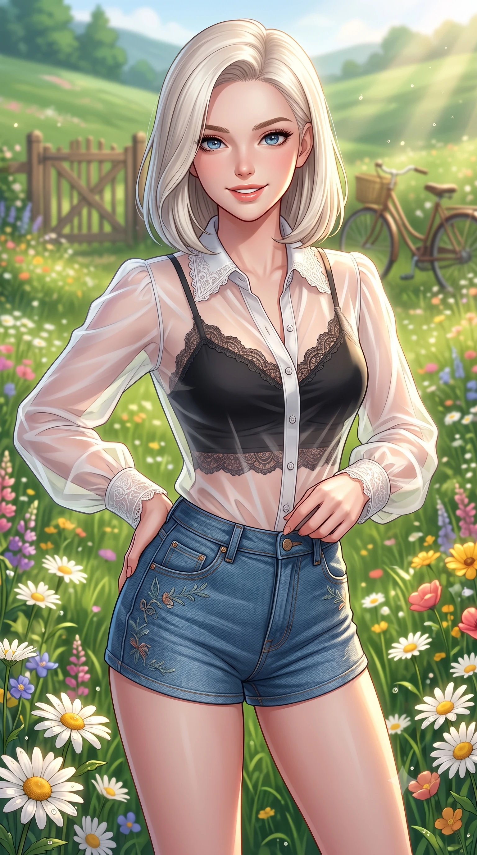 score_9, masterpiece, best quality, ultra-detailed, high-budget anime keyframe, editorial fashion photography, tasteful artistic composition, Caucasian woman. close-up cowboy shot from the waist and thighs up, the character dominates the composition, filling the frame with her large presence, background elements kept in soft focus. smiling with cute and bright self-assurance, looking directly at the viewer set against a soft-focus background of on a gentle green hillside covered with colorful wildflowers and daisies with a wooden garden gate and a vintage bicycle in the background. She has an exceptionally elegant, slender, and willowy female figure with an ultra-slim waist, a gracefully sculpted slender torso, and a refined silhouette. sharp v-shaped jawline, high-bridge nose, intricate jewel-like eyes with depth, thick eyelashes, glossy lips with a natural sheen. wearing form-contouring sheer organza button-up shirt worn over a lace-accented crop top and high-waist mini shorts. warm morning sunbeams creating fresh dewdrop glints on the flower petals. highly saturated vibrant anime colors, detailed shading with soft gradients, rich glossy textures, high-contrast stereoscopic depth, volumetric dynamic lighting, master piece, 9:16 ratio