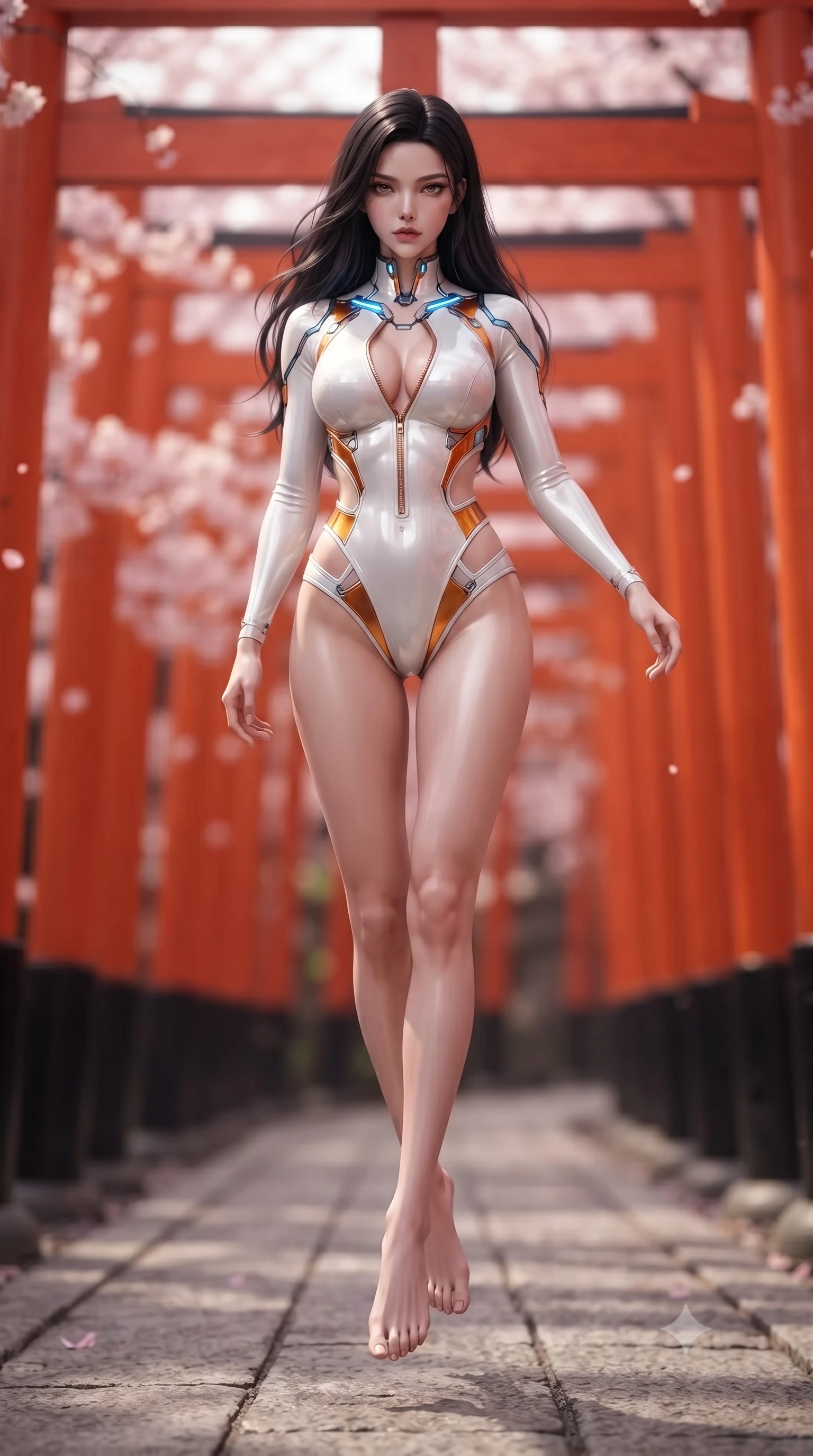 score_9, masterpiece, best quality, ultra-detailed, high-budget anime keyframe, editorial fashion photography, tasteful artistic composition, Korean woman. low angle full-body shot from head to toe showing her feet, filling the entire 9:16 vertical frame with her statuesque presence, stretching her vertical silhouette. performing an alluring mid-air vault with flawless poise, looking directly into the camera with smoldering intensity while striding with imperial grace along a stone pathway framed by an endless arcade of scarlet torii gates. The composition keeps background elements in soft focus with creamy bokeh. dense arcades of vermilion torii gates and pink cherry blossoms blurred into vibrant scarlet and pastel bokeh. She has an absolutely perfect, statuesque 8.5-heads proportion, an exceptionally tall and slender model-like female figure with impossibly long slender legs, a toned flat midriff, and an ultra-slim waist. sharp v-shaped jawline, high-bridge nose, intricate jewel-like eyes with depth, thick eyelashes, glossy lips with a natural sheen, flawlessly proportioned anatomical accuracy, strict slender model proportions, natural body alignment, perfectly sculpted long slender limbs, ultra-slim waistline, clean dynamic posture without body distortion. wearing a second-skin white liquid-mercury micro-bodysuit sculpted tightly to her slender build, featuring razor-thin metallic straps and hip cutouts in vivid sunset amber orange and cloud white, formed from high-gloss patent material with specular light reflections, featuring a dangerously unzipped neckline framed by glowing cybernetic accents, the sleek second-skin cut tightly hugging her graceful clavicle, narrow waist, and feminine curves with athletic precision. surrounded by a majestic, timeless, and captivatingly sensual oriental royalty aura. ultra-reflective glossy finish, specular highlights, metallic sheen, high-contrast stereoscopic depth, volumetric dynamic lighting, 2k, ultra detail, master piece, 9:16 ratio