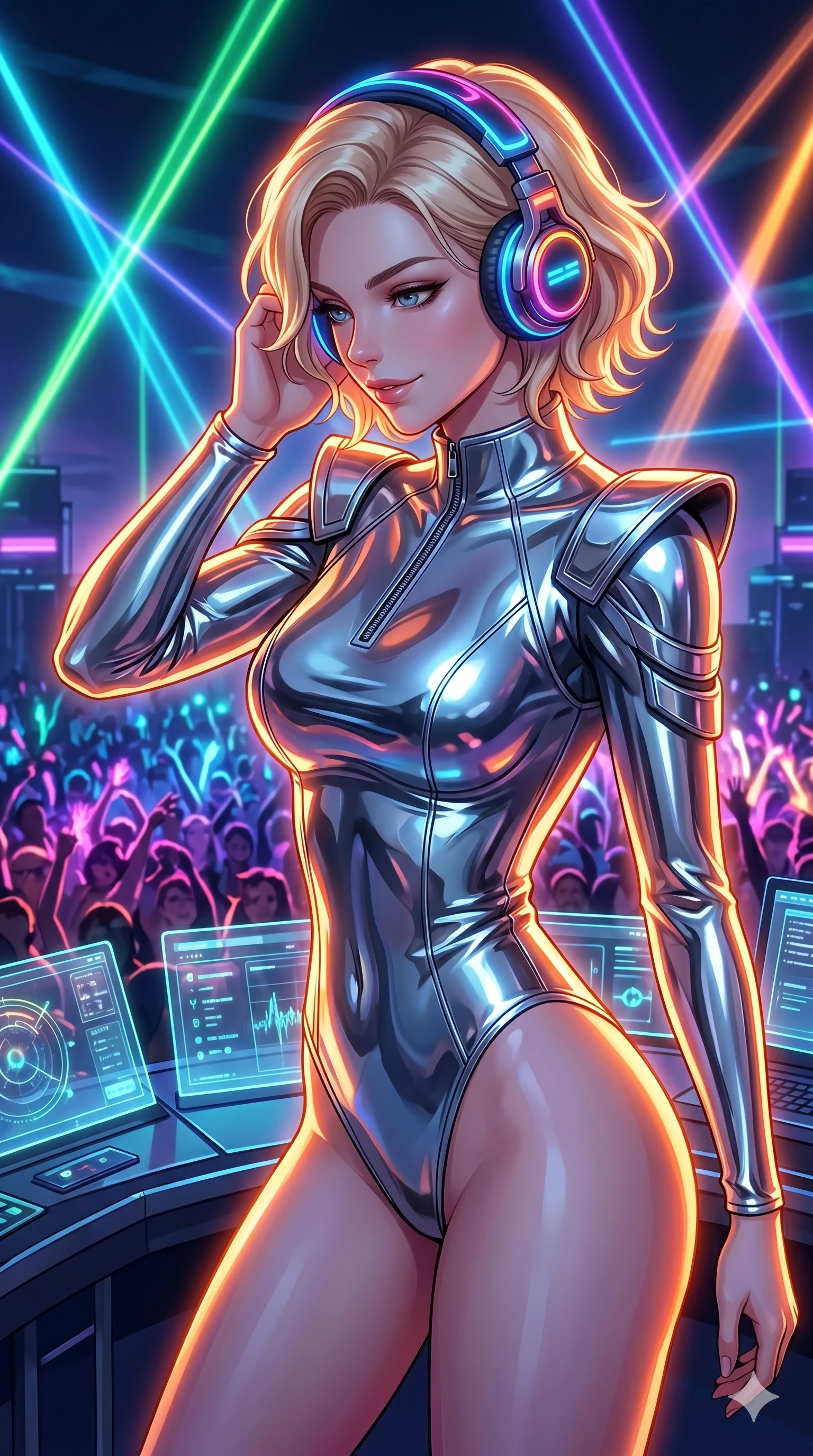 score_9, masterpiece, best quality, ultra-detailed, high-budget anime keyframe, Caucasian woman, strictly human ears. Upper body close-up from the thighs up, character filling the screen for maximum presence. She is adjusting glowing neon headphones at a futuristic rooftop DJ booth. She sways to the music, glancing down at the crowd below with a confident, mesmerizing smile. She has an absolutely perfect 8-heads proportion, a tall and elegant figure with a refined silhouette and a defined waistline. V-shaped jawline, high-bridge nose, intricate jewel-like eyes with depth, thick eyelashes, glossy lips with a natural sheen. She is wearing a sleek tailored top in liquid-chrome finish that complements her silhouette, styled with sophisticated architectural shoulder accents and a modern zip collar. The scene is lit by brilliant neon club laser beams and bright orange key lights tracing her silhouette. 2k, ultra detail, master piece, 9:16 ratio