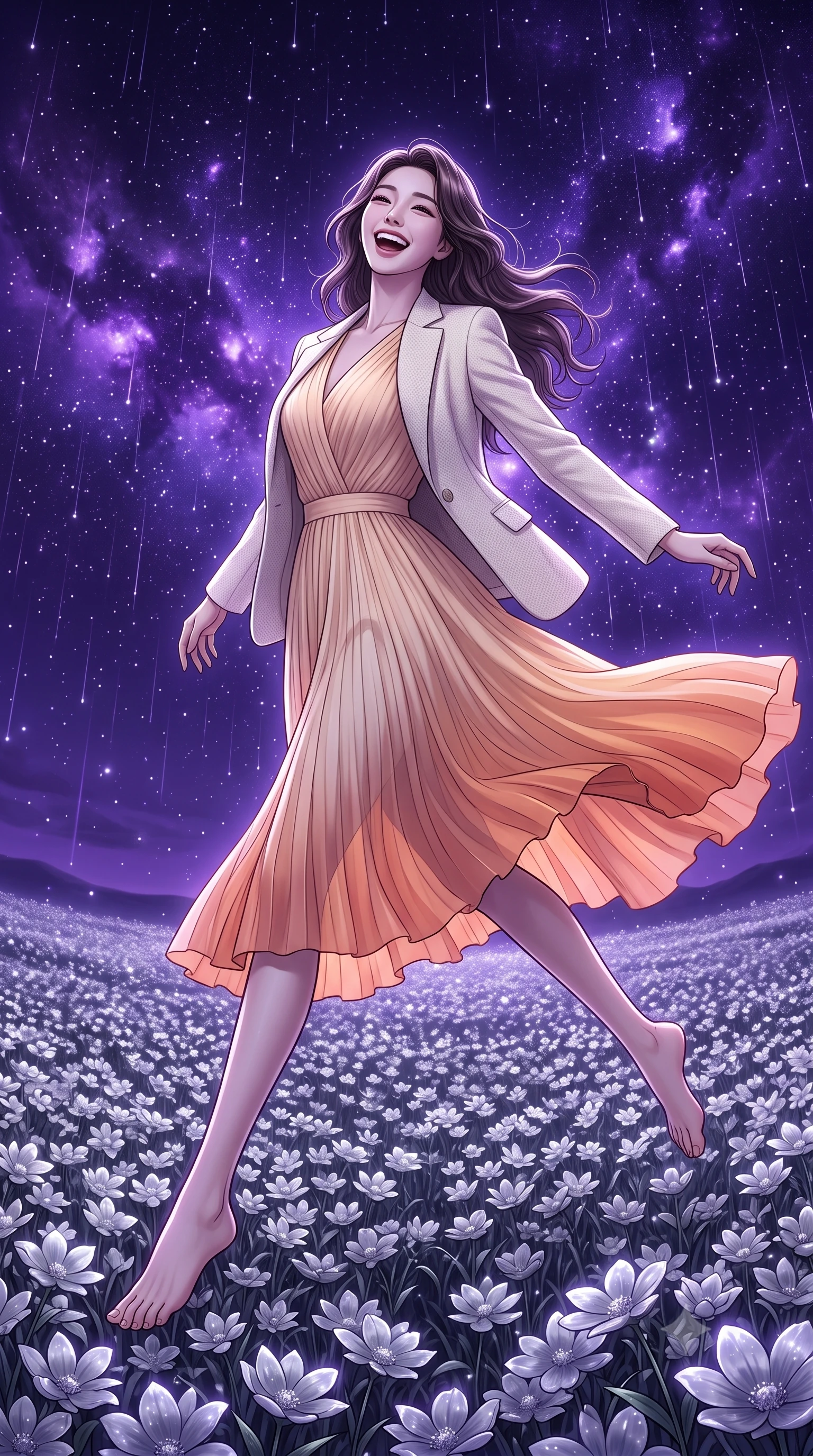 score_9, masterpiece, best quality, ultra-detailed, high-budget anime keyframe, editorial fashion photography, tasteful artistic composition, Korean woman. low angle full-body shot from head to toe showing her feet, filling the entire 9:16 vertical frame with her statuesque presence, stretching her vertical silhouette. leaping gracefully with a bright, joyful laugh through in an endless field of silver flowers swaying in the night breeze under a sky filled with glowing violet nebulae and falling stardust. She has a statuesque 8.5-heads proportion, an exceptionally tall, slender and willowy model-like build with impossibly long legs and a highly sculpted ultra-slim waist. sharp v-shaped jawline, high-bridge nose, intricate jewel-like eyes with depth, thick eyelashes, glossy lips with a natural sheen. wearing a flowing pleated chiffon midi dress in a sunset apricot gradient, layered under a light ivory knit blazer. cool starlight and deep violet cosmic light wrapping the silver meadow in a soft glowing atmosphere. 2k, ultra detail, master piece, 9:16 ratio