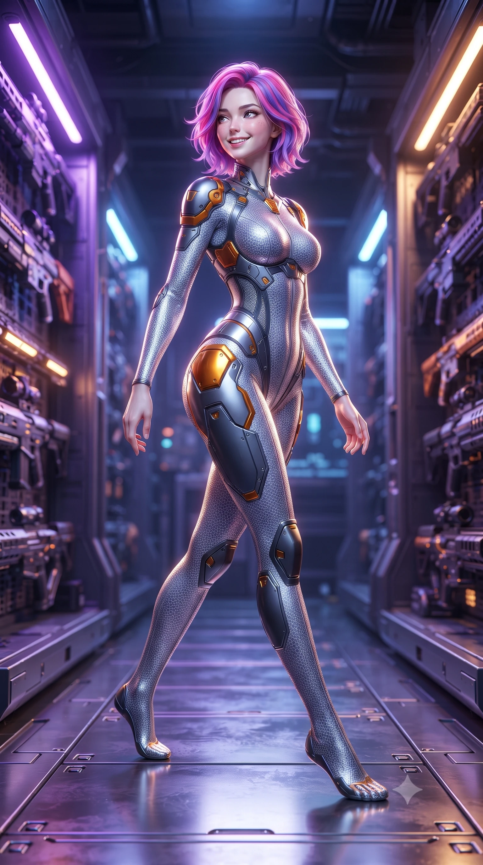 score_9, masterpiece, best quality, ultra-detailed, high-budget anime keyframe, editorial fashion photography, tasteful artistic composition, Caucasian woman. low angle full-body shot from head to toe showing her feet, filling the entire 9:16 vertical frame with her statuesque presence, stretching her vertical silhouette. striding forward gracefully across the reflective metal deck in mid-motion with a radiant beaming smile, hips swaying in an alluring kinetic rhythm that accentuates her curvy hourglass silhouette and long slender legs while standing poised between rows of glowing magnetic weapon racks, arching her back with dangerous seductive poise while inspecting an energy rifle. The background shows a soft-focus hundreds of futuristic plasma carbines and heavy railguns locked in glowing charging bays blurred into violet, amber, and gunmetal bokeh. She has an absolutely perfect, statuesque 8.5-heads proportion, an exceptionally tall and slender model-like female figure with impossibly long slender legs, an ultra-slim waist, a flat toned midriff, narrow delicate ribcage, and beautifully sculpted feminine hips creating a graceful, slim hourglass silhouette without any bulky heaviness. sharp v-shaped jawline, high-bridge nose, intricate jewel-like sparkling eyes with depth, thick eyelashes, glossy parted lips with a natural sheen, bright confident smile with an enchanting and coquettish sensual glint, exuding both youthful magnetic charm and sovereign high-tech allure, flawlessly proportioned anatomical accuracy, strict slender model proportions, natural body alignment, perfectly sculpted long slender limbs, ultra-slim waistline, clean dynamic posture without body distortion. wearing a form-contouring delicate silver nano-mesh bodysuit with strategically placed chrome armor plate guards covering key curves in stealth charcoal slate and molten laser orange, woven from delicate semi-opaque high-tensile nano-mesh with intricate hexagonal micro-patterns, finished with delicate carbon-fiber boning framing the narrow waistline, the precision-cut side openings and low-back scoop framing her graceful spine and the sensual sweep of her slim, toned hips. bathed in intense violet and electric blue plasma charging glow contrasting with industrial shadows. ultra-reflective glossy finish, specular highlights, rich textural contrasts, high-contrast stereoscopic depth, volumetric dynamic lighting, 2k, ultra detail, master piece, 9:16 ratio