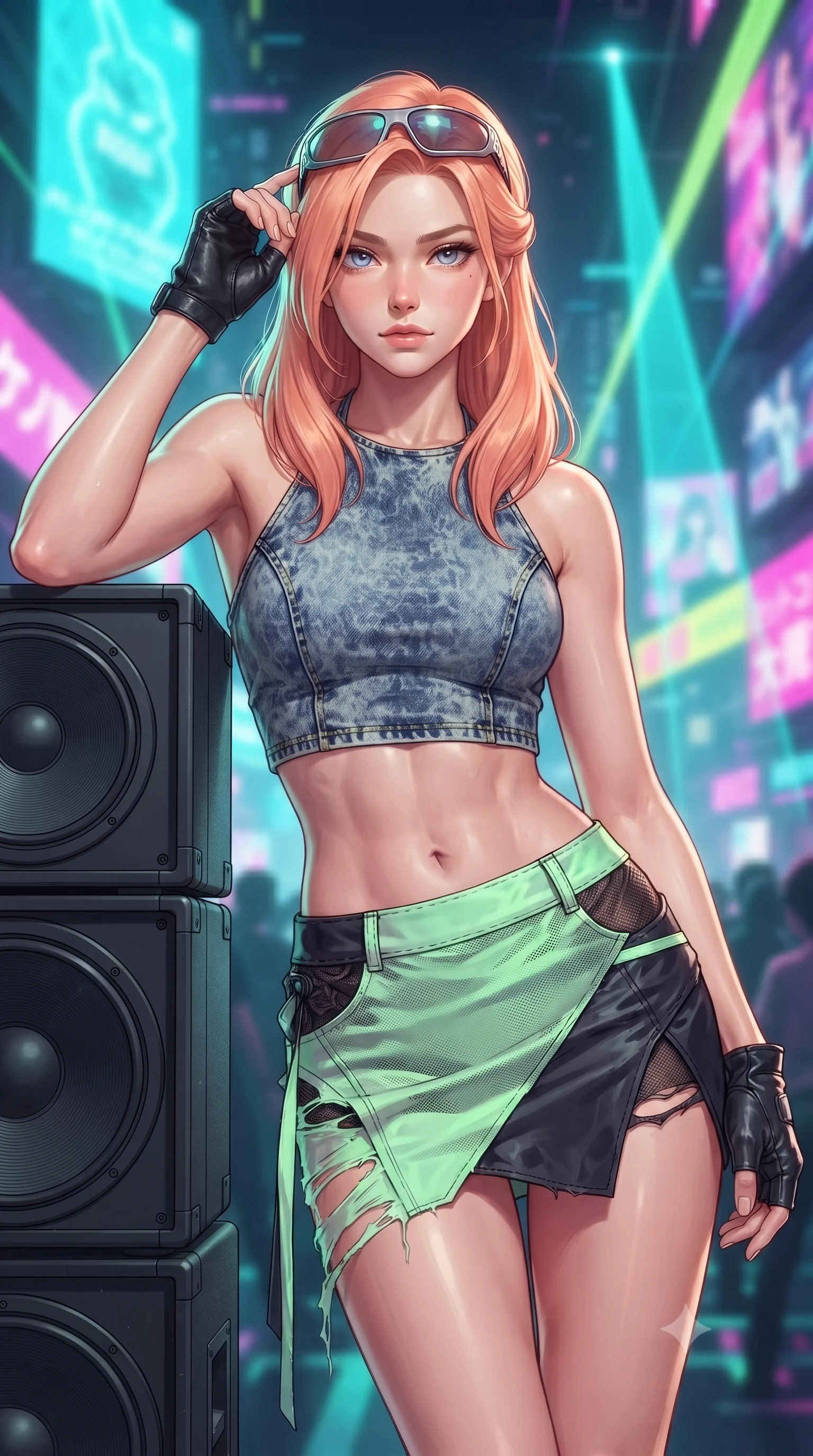 score_9, masterpiece, best quality, ultra-detailed, high-budget anime keyframe, editorial fashion photography, tasteful artistic composition, Japanese woman. close-up cowboy shot from the waist and thighs up, the character dominates the composition, filling the frame with her large presence. tilting her chin up with proud, sovereign confidence while gazing directly into the lens with thick, dark eyelashes while leaning against a heavy subwoofer speaker stack with confident Y2K attitude and flawless vertical posture. The composition keeps background elements in soft focus with creamy bokeh. giant holographic neon advertisements and sweeping laser light cones blurred into electric turquoise, lime, and fuchsia bokeh. She has an exceptionally elegant, slender, and willowy female figure with an ultra-slim waist, a gracefully sculpted slender torso, toned flat midriff, and a refined slim silhouette. sharp v-shaped jawline, high-bridge nose, intricate jewel-like eyes with depth, thick eyelashes, glossy lips with a natural sheen, captivating and magnetic expression, flawlessly proportioned anatomical accuracy, strict slender model proportions, natural body alignment, perfectly sculpted long slender limbs, ultra-slim waistline, clean dynamic posture without body distortion. wearing an acid-wash denim halter crop top paired with a distressed asymmetrical micro-mini skirt in neon mint green and dark obsidian, made of breathable technical athletic mesh and liquid-finish track nylon, accessorized with retro futuristic sunglasses and fingerless leather gloves, the sleek tailored cut tightly hugging her graceful clavicle, narrow waist, and feminine curves with statuesque precision. bathed in flashing RGB strobe lights and glowing holographic billboard backlighting. ultra-reflective glossy finish, specular highlights, rich textural contrasts, high-contrast stereoscopic depth, volumetric dynamic lighting, 2k, ultra detail, master piece, 9:16 ratio