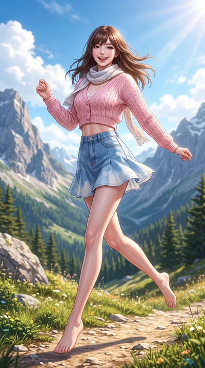 score_9, masterpiece, best quality, ultra-detailed, high-budget anime keyframe, semi-realistic 3D game render, editorial fashion photography, tasteful artistic composition, Korean woman. low angle full-body shot from head to toe showing her feet, fil