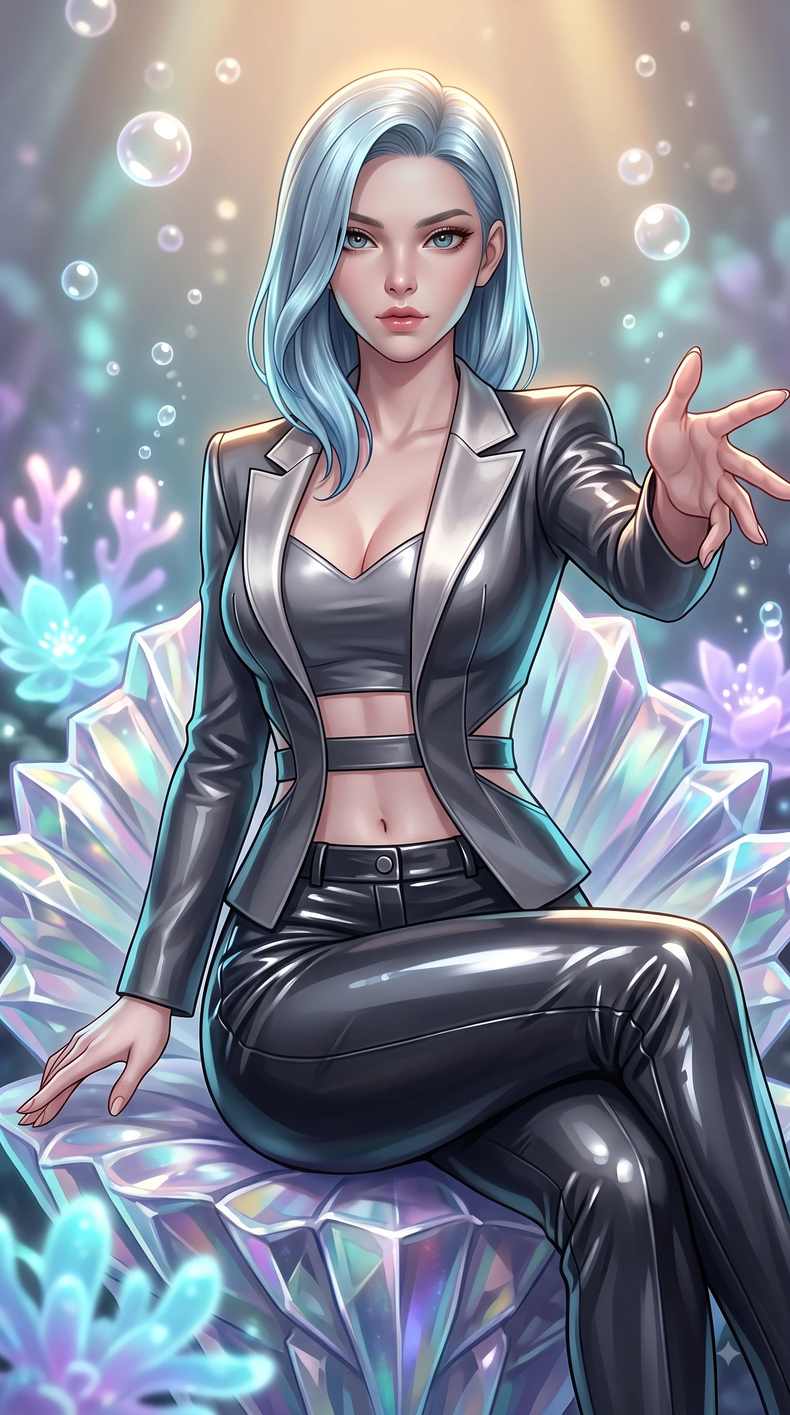 score_9, masterpiece, best quality, ultra-detailed, high-budget anime keyframe, editorial fashion photography, tasteful artistic composition, Korean woman. close-up cowboy shot from the waist and thighs up, the character dominates the composition, filling the frame with her large presence, background elements kept in soft focus. Reaching one arm gracefully toward the camera with magnetic poise, displaying her statuesque silhouette while poised on an abyssal prism shell throne as gentle sea bubbles cast pearl-white highlights, glowing coral blossoms emitting soft aqua and lavender light in the background. She has an exceptionally elegant, slender, and willowy female figure with an ultra-slim waist, a gracefully sculpted slender torso, and a refined silhouette. sharp v-shaped jawline, high-bridge nose, intricate jewel-like eyes with depth, thick eyelashes, glossy lips with a natural sheen, flawlessly proportioned anatomical accuracy, natural body alignment, perfectly sculpted elegant limbs, clean dynamic posture without body distortion. wearing a tailored silk blazer over a form-contouring scoop-neck top and slacks in charcoal grey and platinum, tailored from high-gloss patent leather, featuring subtle geometric cutouts that highlight her ultra-slim midriff, the sleek second-skin texture accentuating her magnetic presence. illuminated by luminous aqua bioluminescence and warm golden top lighting. ultra-reflective glossy finish, specular highlights, metallic sheen, high-contrast stereoscopic depth, volumetric dynamic lighting, 2k, ultra detail, master piece, 9:16 ratio