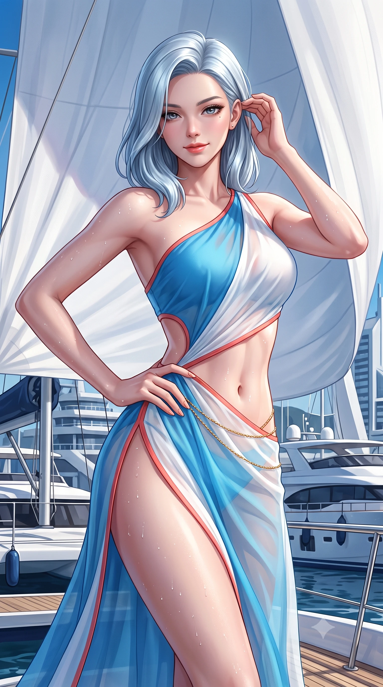 score_9, masterpiece, best quality, ultra-detailed, high-budget anime keyframe, semi-realistic 3D game render, editorial fashion photography, tasteful artistic composition, Korean woman. close-up cowboy shot from the waist and thighs up, the character dominates the composition, filling the frame with her large presence. twisting her slender torso in an alluring contrapposto stance, one hand resting on her sculpted hip while her fingers toy with her hair with effortless poise while twisting her slender torso in an alluring S-curve, billowing white spinnaker sail casting soft shadow gradients across her curves. The surrounding environment is rendered in vivid detail and crisp panoramic clarity: detailed second-skin sailing bodysuit texture, salt-spray droplets on skin, and modern naval architecture in high resolution. She has an exceptionally elegant, slender, and willowy female figure with an ultra-slim waist, flat toned midriff, narrow ribcage, and sculpted feminine hips creating an alluring, slim hourglass silhouette without bulk. sharp v-shaped jawline, high-bridge nose, sparkling eyes with hypnotic seductive depth, thick curled eyelashes, glossy parted lips with a natural dewy peach sheen, alluring bedroom-eyes with an enchanting coquettish smile, exuding magnetic siren charisma and sophisticated glamour, flawlessly proportioned anatomical accuracy, strict slender model proportions, natural body alignment, perfectly sculpted long slender limbs, ultra-slim waistline, clean dynamic posture without body distortion. wearing an asymmetric one-shoulder liquid jersey resort gown with dramatic hip-high slit and waist cutout in Mediterranean cerulean blue and optic white with coral trims, made of sheer gossamer chiffon that drapes softly against skin with airy translucence, accented with a dainty gold belly chain resting across her flat midriff and curving hips, the precision-cut side openings and low-back scoop framing her graceful spine and the sensual sweep of her slim, toned hips. illuminated by sea spray bounce and sharp platinum rim lights defining her delicate clavicles, ultra-slim waist, and curvy hips. highly saturated vibrant anime colors, detailed shading with soft gradients, rich glossy textures, high-contrast stereoscopic depth, volumetric dynamic lighting, master piece, 9:16 ratio