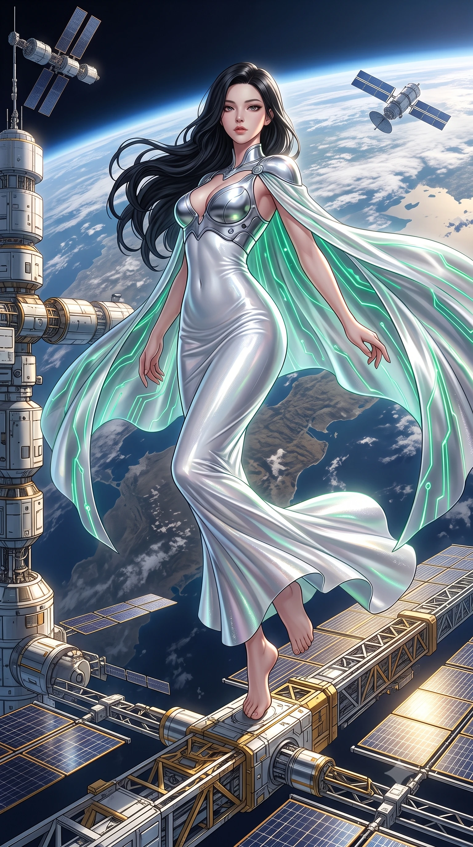score_9, masterpiece, best quality, ultra-detailed, high-budget anime keyframe, semi-realistic 3D game render, editorial fashion photography, tasteful artistic composition, Korean woman. low angle full-body shot from head to toe showing her feet, filling the entire 9:16 vertical frame with her statuesque presence, stretching her vertical silhouette. arching her spine in a fluid zero-gravity turn with sovereign grace, her long slender legs and sculpted torso creating a sweeping line while standing poised on the gold and chrome solar array truss of a massive orbital space station overlooking planet Earth. The surrounding environment is rendered in vivid detail and crisp panoramic clarity. dramatic orbital chiaroscuro and grand space-age engineering rendered in panoramic precision. She has an absolutely perfect, statuesque 8.5-heads proportion, an exceptionally tall and slender model-like female figure with impossibly long slender legs, a toned flat midriff, and an ultra-slim waist. sharp v-shaped jawline, high-bridge nose, intricate jewel-like eyes with depth, thick eyelashes, glossy lips with a natural sheen, flawlessly proportioned anatomical accuracy, strict slender model proportions, natural body alignment, perfectly sculpted long slender limbs, ultra-slim waistline, clean dynamic posture without body distortion. wearing a form-contouring white liquid-mercury gown with polished silver biomechanical breastplate and flowing luminescent chiffon cape in radiant emerald green circuit lines and polished silver sheen, crafted from ultra-reflective second-skin liquid metal with a mirror-like polish, featuring a sleek aerodynamic collar framed by subtle glowing cybernetic accents, the liquid-tight tailored fabric emphasizing every curve of her tall, slender model proportions and sculptured silhouette during dynamic movement. surrounded by an awe-inspiring, supreme, and radiantly divine cosmic sovereign aura. rich saturated anime colors with glowing neon highlights, detailed shading with soft gradients, rich glossy textures, high-contrast stereoscopic depth, volumetric dynamic lighting, master piece, 9:16 ratio