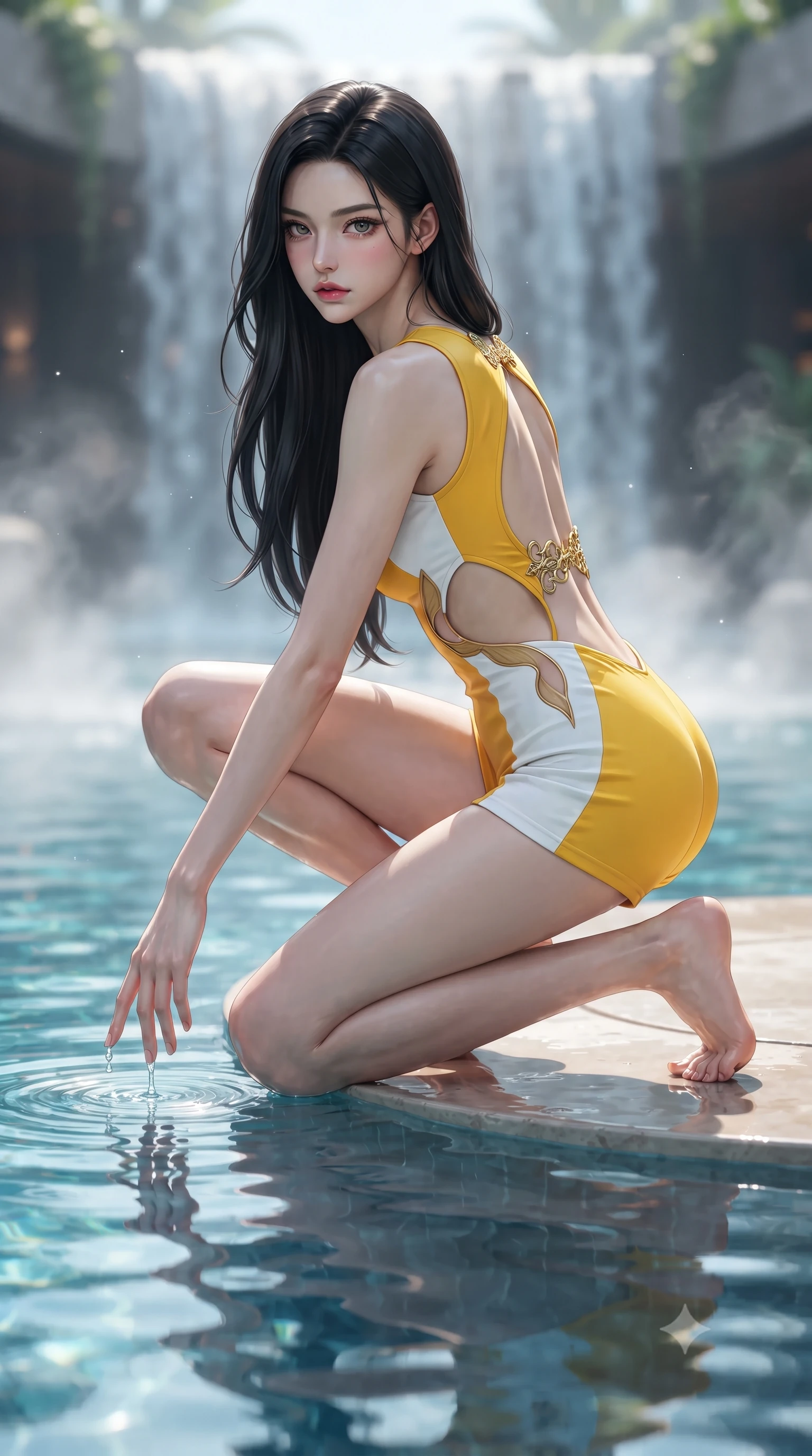 score_9, masterpiece, best quality, ultra-detailed, high-budget anime keyframe, editorial fashion photography, tasteful artistic composition, Korean woman. low angle full-body shot from head to toe showing her feet, filling the entire 9:16 vertical frame with her statuesque presence, stretching her vertical silhouette. pivoting dynamically with supreme athletic balance, her impossibly long slender legs and ultra-slim waist creating a mesmerizing vertical line while kneeling gracefully at the edge of a heated canopy mineral pool, dipping one hand into the water as ripples mirror her curves. The composition keeps background elements in soft focus with creamy bokeh. cascading canopy waterfalls and rising water vapors softened in cinematic atmospheric depth. She has an absolutely perfect, statuesque 8.5-heads proportion, an exceptionally tall and slender model-like female figure with impossibly long slender legs, a toned flat midriff, and an ultra-slim waist. sharp v-shaped jawline, high-bridge nose, intricate jewel-like eyes with depth, thick eyelashes, glossy parted lips with a natural sheen, intensely captivating and seductive expression, flawlessly proportioned anatomical accuracy, strict slender model proportions, natural body alignment, perfectly sculpted long slender limbs, ultra-slim waistline, clean dynamic posture without body distortion. wearing a cut-out solarpunk asymmetrical bodysuit with organic leaf-curve side openings and athletic shorts in vibrant sunflower gold and crisp white, tailored from crisp structured cotton poplin with organic dye, finished with a dramatic open back secured by golden filigree clasps, the relaxed yet flattering fit accentuating her naturally graceful and slender figure, highlighting her tall statuesque proportions. bathed in midday azure skylight and shimmering pool water caustic bounce lights. ultra-reflective glossy finish, specular highlights, rich textural contrasts, high-contrast stereoscopic depth, volumetric dynamic lighting, 2k, ultra detail, master piece, 9:16 ratio