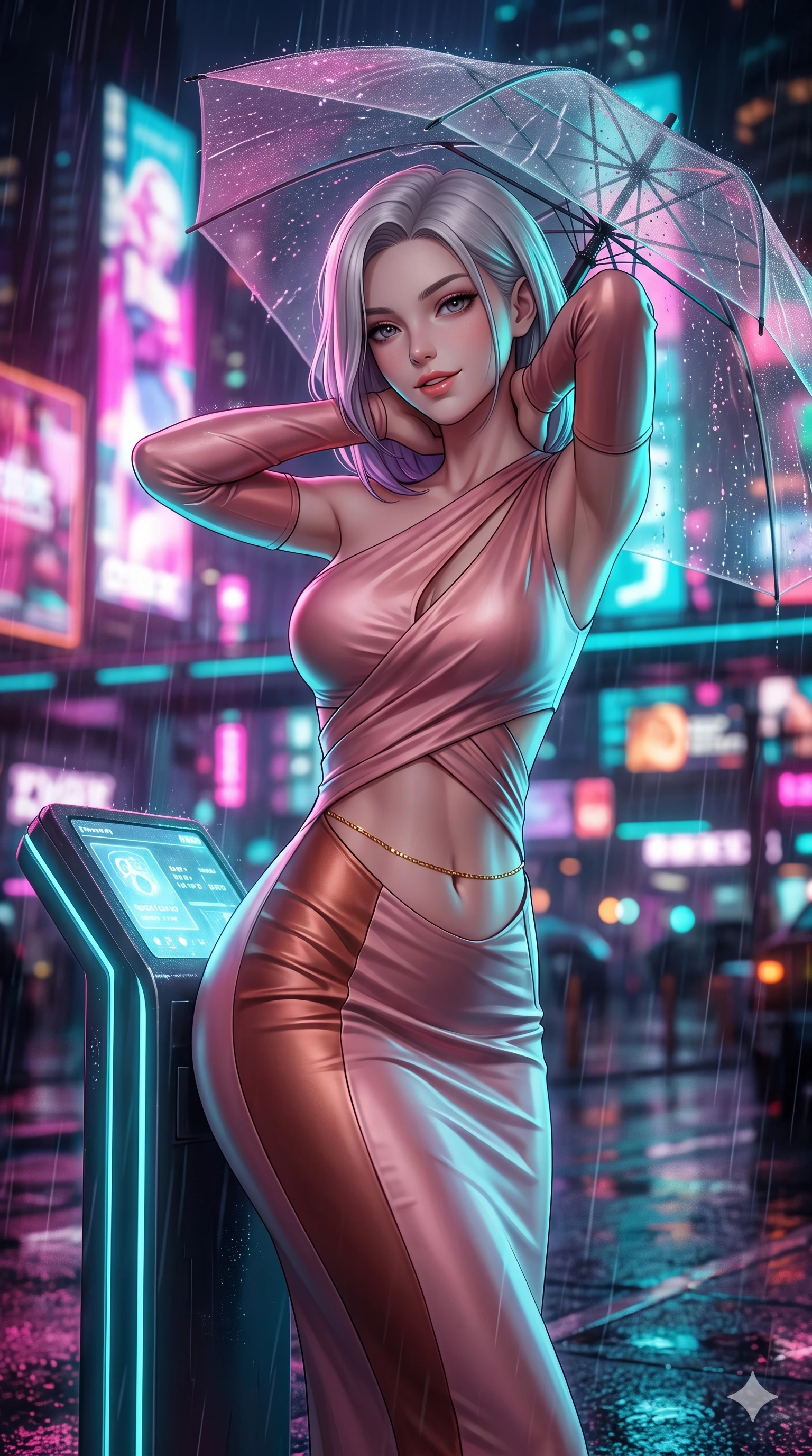 score_9, masterpiece, best quality, ultra-detailed, high-budget anime keyframe, editorial fashion photography, tasteful artistic composition, Caucasian woman. close-up cowboy shot from the waist and thighs up, the character dominates the composition, filling the frame with her large presence. resting both hands lightly behind her neck with elbows raised, arching her spine to highlight her narrow waist, flat midriff, and breathtaking collarbones while leaning against the glowing smart-glass kiosk with hips cocked back, gazing through the rain-streaked umbrella canopy with smoldering bedroom-eyes. The background shows a soft-focus towering 3D holographic advertisements, neon-drenched sky-freeway tiers, and rain mist scattering magenta and cyan light blurred into fuchsia, turquoise, and amber bokeh. She has an exceptionally elegant, slender, and willowy female figure with an ultra-slim waist, flat toned midriff, narrow ribcage, and sculpted feminine hips creating an alluring, slim hourglass silhouette without bulk. sharp v-shaped jawline, high-bridge nose, intricate jewel-like sparkling eyes with depth, thick eyelashes, glossy parted lips with a natural peach sheen, bright cheerful beaming smile with an enchanting and coquettish sensual glint, exuding both youthful cute charm and seductive allure, flawlessly proportioned anatomical accuracy, strict slender model proportions, natural body alignment, perfectly sculpted long slender limbs, ultra-slim waistline, clean dynamic posture without body distortion. wearing a glove-like stretch lambskin leather sheath dress accentuating her ultra-slim waistline without bulk in rose-quartz blush and burnished copper, crafted from fluid liquid silk satin that clings smoothly to her narrow waist and rounded hips with a dewy sheen, accented with a dainty gold belly chain resting across her flat midriff and curving hips, the form-contouring silhouette accentuating her sculpted flat midriff, narrow delicate ribcage, and gracefully curvy hips with intoxicating allure. illuminated by wet asphalt reflection bounce and sharp laser-cyan rim lights sculpting her razor-sharp jawline, narrow waist, and curvy hips. ultra-reflective glossy finish, specular highlights, rich textural contrasts, high-contrast stereoscopic depth, volumetric dynamic lighting, 2k, ultra detail, master piece, 9:16 ratio
