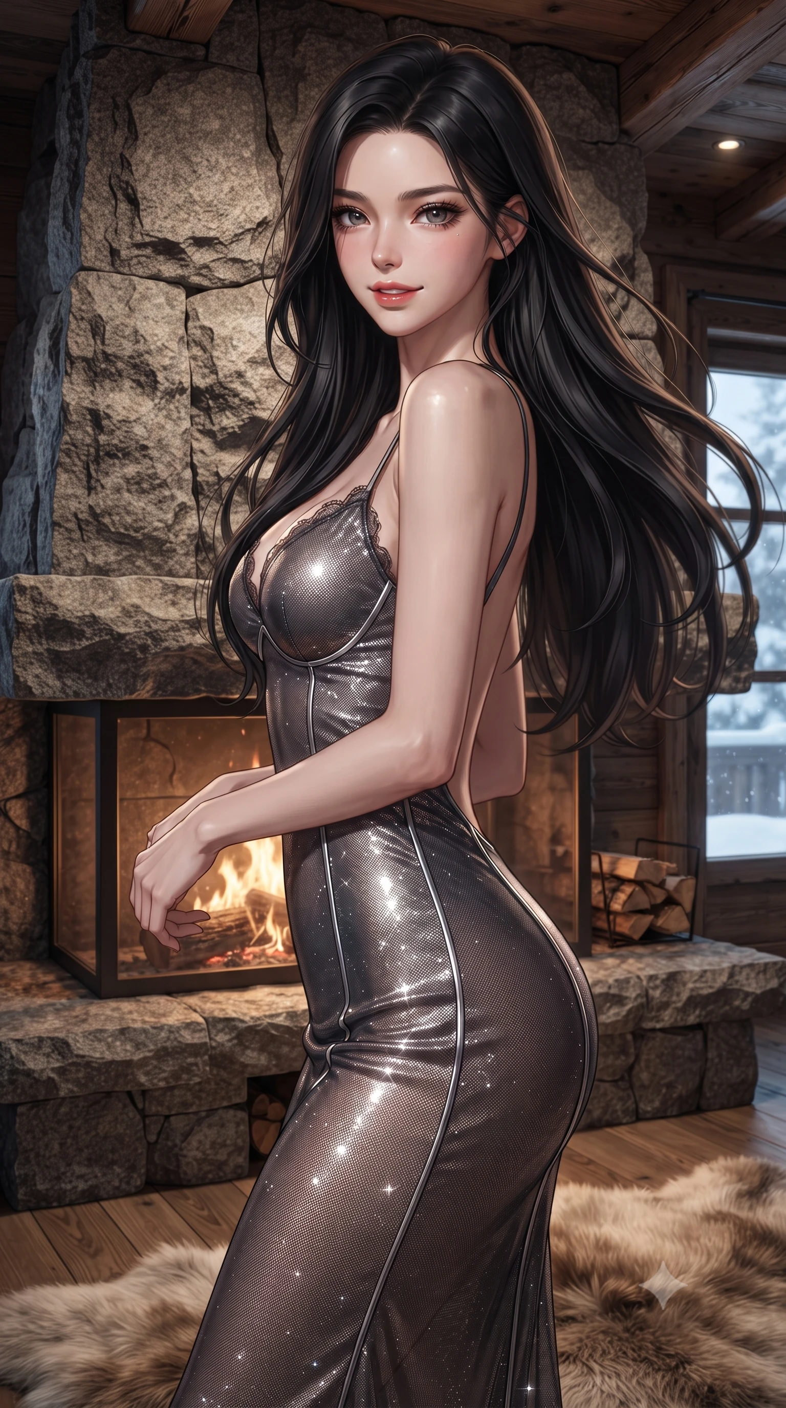 score_9, masterpiece, best quality, ultra-detailed, high-budget anime keyframe, editorial fashion photography, tasteful artistic composition, Korean woman. close-up cowboy shot from the waist and thighs up, the character dominates the composition, filling the frame with her large presence. turning slowly with an enchanting smoldering smile, her glossy hair tossing in the breeze as her hips angle gracefully in a captivating contrapposto while standing poised before the massive rough-hewn granite fireplace, arching her lower back as dancing log fire ribbons illuminate her silhouette. The surrounding environment is rendered in vivid detail and crisp panoramic clarity: sharp rough-hewn Engadin granite stone relief, hand-planed larch wood ceiling beams, and plush fur rug pile in deep focus. She has an exceptionally elegant, slender, and willowy female figure with an ultra-slim waist, flat toned midriff, narrow ribcage, and sculpted feminine hips creating an alluring, slim hourglass silhouette without bulk. sharp v-shaped jawline, high-bridge nose, intricate jewel-like sparkling eyes with depth, thick eyelashes, glossy parted lips with a natural peach sheen, bright cheerful beaming smile with an enchanting and coquettish sensual glint, exuding both youthful cute charm and seductive allure, flawlessly proportioned anatomical accuracy, strict slender model proportions, natural body alignment, perfectly sculpted long slender limbs, ultra-slim waistline, clean dynamic posture without body distortion. wearing a plunging sheer micro-mesh cocktail dress with liquid satin piping contouring her flat midriff and hips in Hollywood starlight platinum and smoky charcoal, woven from stretch metallic lurex jersey casting radiant starlight glints across her curves, finished with scalloped eyelash lace trim framing her sweetheart neckline with intimate elegance, the precision-cut side openings and low-back scoop framing her graceful spine and the sensual sweep of her slim, toned hips. bathed in the rich chiaroscuro 2100K radiant glow of natural dancing hearth firelight mixed with cool snow reflection fill. ultra-reflective glossy finish, specular highlights, rich textural contrasts, high-contrast stereoscopic depth, volumetric dynamic lighting, 2k, ultra detail, master piece, 9:16 ratio