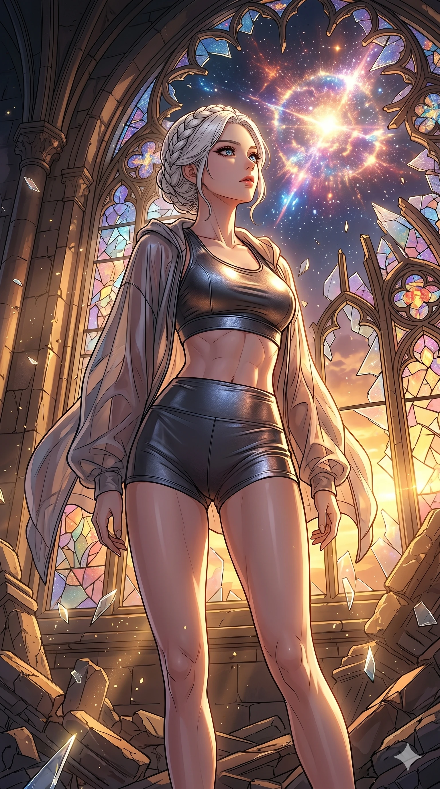 score_9, masterpiece, best quality, ultra-detailed, high-budget anime movie keyframe, cinematic anime lighting, intricate line art, Korean woman. Low angle cowboy shot filling the entire 9:16 frame with her statuesque presence. observing a supernova in a shattered stained glass cathedral during a golden sunset. She has an absolutely perfect 8-heads proportion, an exceptionally tall and slender female figure with an ultra-slim waist and impossibly long slender legs. sharp v-shaped jawline, high-bridge nose, intricate jewel-like eyes, thick eyelashes, glossy lips. Wearing premium athleisure set with a metallic-finish compression top, high-cut yoga shorts that accentuate her long legs, and a sheer oversized hoodie. The scene is illuminated by dramatic atmospheric lighting and vibrant color palettes. , 2k, ultra detail, master piece, 9:16 ratio