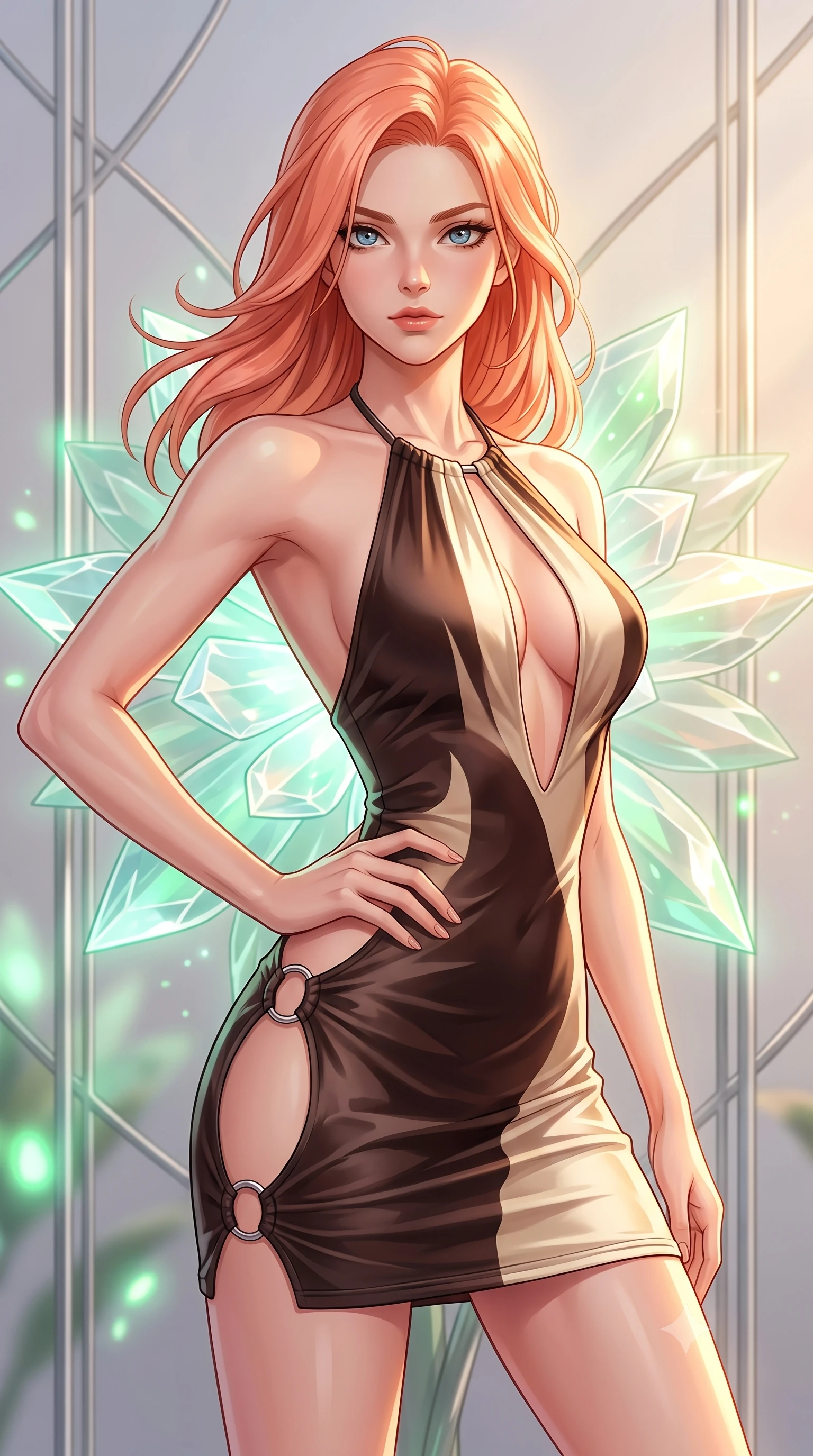 score_9, masterpiece, best quality, ultra-detailed, high-budget anime keyframe, editorial fashion photography, tasteful artistic composition, Japanese woman. close-up cowboy shot from the waist and thighs up, the character dominates the composition, filling the frame with her large presence, background elements kept in soft focus. Holding a powerful dynamic pose with one hand on her hip and body angled dramatically toward the key light while pivoting dynamically near a solar-powered crystal blossom emitting warm ambient sunbursts, sleek platinum wire lattices creating clean architectural line frames. She has an exceptionally elegant, slender, and willowy female figure with an ultra-slim waist, a gracefully sculpted slender torso, and a refined silhouette. sharp v-shaped jawline, high-bridge nose, intricate jewel-like eyes with depth, thick eyelashes, glossy lips with a natural sheen, flawlessly proportioned anatomical accuracy, natural body alignment, perfectly sculpted elegant limbs, clean dynamic posture without body distortion. wearing a deep-scoop halter bodycon dress with hip cutouts connected by silver rings in espresso brown and warm cream, crafted from smooth liquid silk, accented with a Tasteful chest slit framing her clavicle gracefully, the sleek second-skin texture accentuating her magnetic presence. bathed in warm golden sunlight and soft emerald bioluminescent glow. highly saturated vibrant anime colors, detailed shading with soft gradients, rich glossy textures, high-contrast stereoscopic depth, volumetric dynamic lighting, master piece, 9:16 ratio