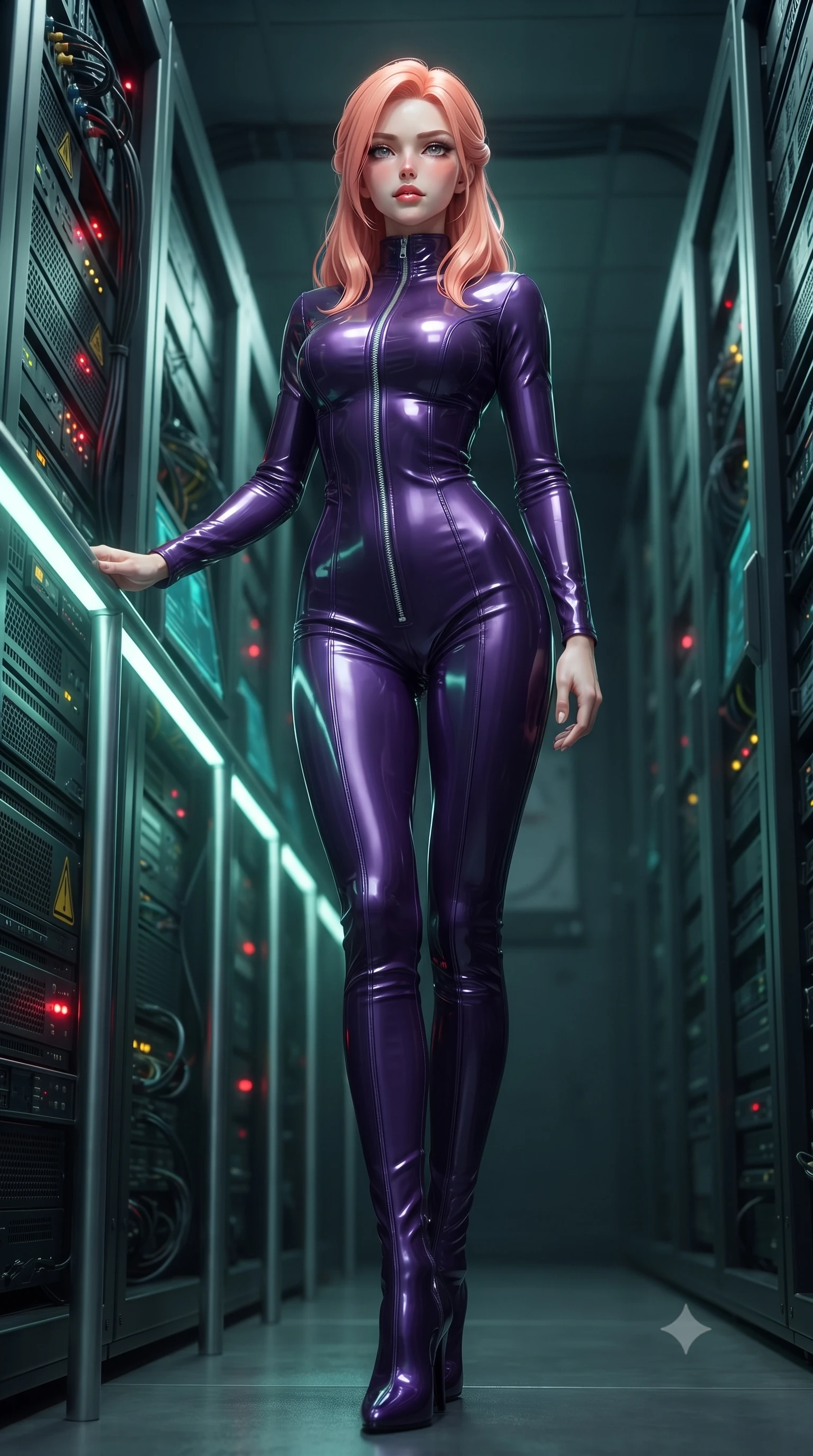 score_9, masterpiece, best quality, ultra-detailed, high-budget anime keyframe, editorial fashion photography, tasteful artistic composition, Japanese woman. low angle full-body shot from head to toe showing her feet, filling the entire 9:16 vertical frame with her statuesque presence, stretching her vertical silhouette. standing in a tall, confident posture with one hand on a glowing metal railing, stretching her statuesque body, the background shows a soft-focus a secure server room corridor with blinking warning lights on the racks. She has an absolutely perfect, statuesque 8.5-heads proportion, an exceptionally tall and slender model-like female figure with impossibly long slender legs and an ultra-slim waist. sharp v-shaped jawline, high-bridge nose, intricate jewel-like eyes with depth, thick eyelashes, glossy lips with a natural sheen. wearing a form-contouring form-contouring pilot flight suit in deep purple liquid vinyl, featuring a snug mock-neck and chrome zippers. cool staccato green light tracing her silhouette with high-contrast shadows. ultra-reflective glossy finish, specular highlights, metallic sheen, high-contrast stereoscopic depth, volumetric dynamic lighting, 2k, ultra detail, master piece, 9:16 ratio