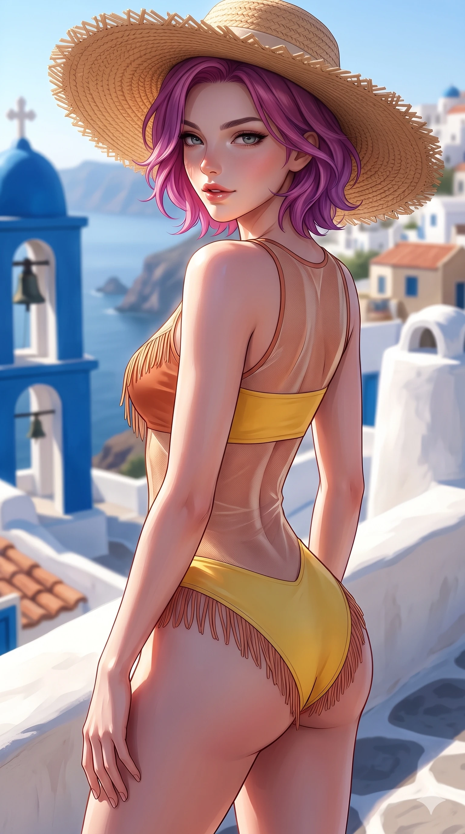 score_9, masterpiece, best quality, ultra-detailed, high-budget anime keyframe, semi-realistic 3D game render, editorial fashion photography, tasteful artistic composition, Caucasian woman. close-up cowboy shot from the waist and thighs up, the character dominates the composition, filling the frame with her large presence. posing in an alluring rear three-quarter angle, looking over a bare shoulder with parted glossy lips, her hips cocked back to highlight her slim hourglass curve while twisting her slender torso in an alluring S-curve beside the cobalt church bell tower, dazzling sunlight and deep blue shadows tracing her flat midriff and hips. The background shows a soft-focus romantic Greek island village softened in clifftop terrace shallow focus. She has an exceptionally elegant, slender, and willowy female figure with an ultra-slim waist, flat toned midriff, narrow ribcage, and sculpted feminine hips creating an alluring, slim hourglass silhouette without bulk. sharp v-shaped jawline, high-bridge nose, sparkling eyes with hypnotic seductive depth, thick curled eyelashes, glossy parted lips with a natural dewy peach sheen, alluring bedroom-eyes with an enchanting coquettish smile, exuding magnetic siren charisma and sophisticated glamour, flawlessly proportioned anatomical accuracy, strict slender model proportions, natural body alignment, perfectly sculpted long slender limbs, ultra-slim waistline, clean dynamic posture without body distortion. wearing a provocative sheer illusion mesh resort bodysuit with fringe trim layered over an opaque bandeau and briefs in sun-kissed terracotta and Amalfi lemon yellow, made of fluid liquid jersey with seamless sculpting hold and smooth contours, finished with a wide-brimmed woven straw sunhat tipped back to frame her face and long glossy hair, the form-contouring material adhering flawlessly to her sculpted flat midriff and slender torso, emphasizing her long leg lines and perfectly proportioned willowy build. bathed in the intense, crystal-clear 4000K Mediterranean sun casting crisp, geometric dark blue shadows on organic white plaster surfaces. highly saturated vibrant anime colors, detailed shading with soft gradients, rich glossy textures, high-contrast stereoscopic depth, volumetric dynamic lighting, master piece, 9:16 ratio