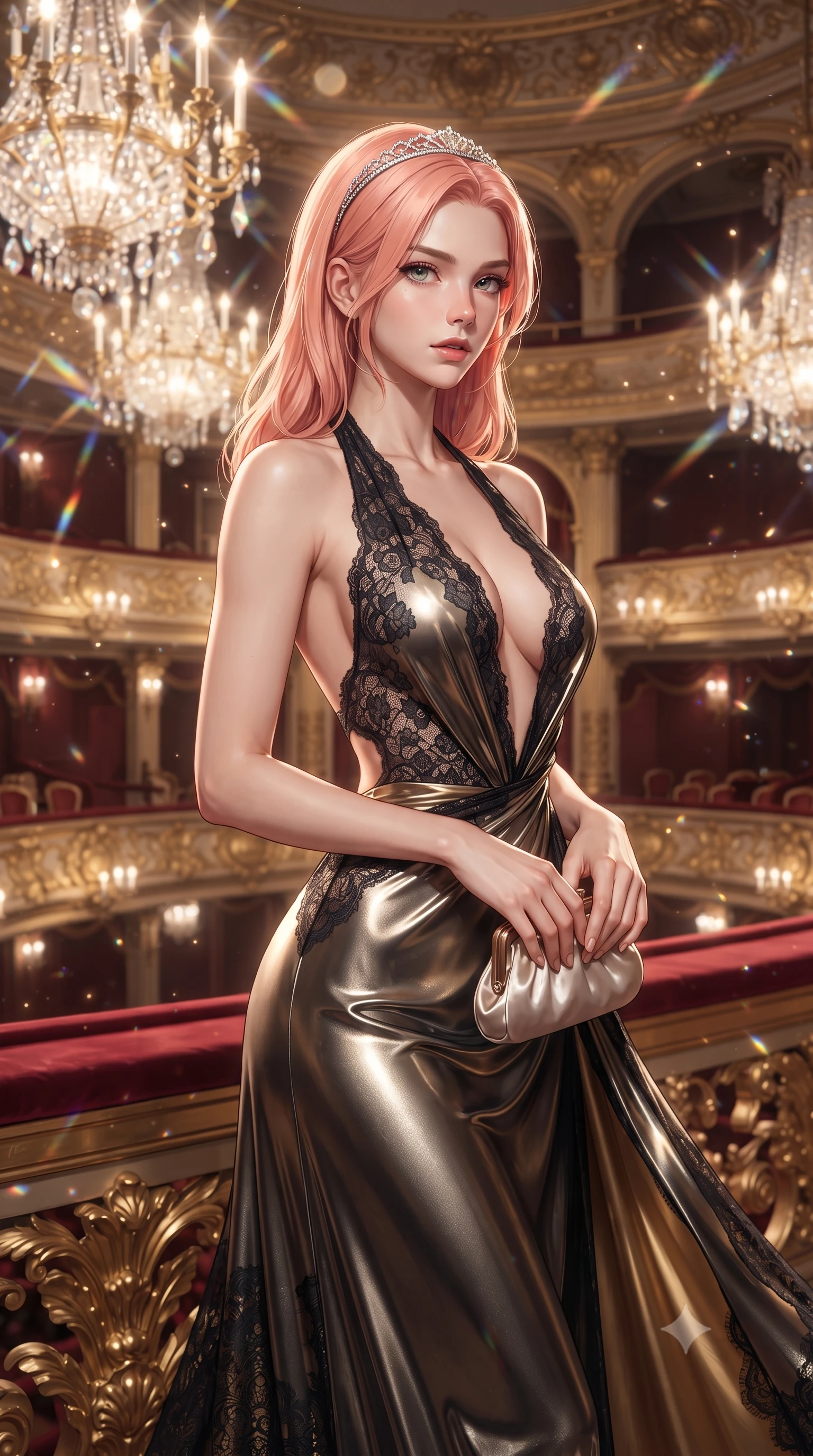 score_9, masterpiece, best quality, ultra-detailed, high-budget anime keyframe, editorial fashion photography, tasteful artistic composition, Japanese woman. close-up cowboy shot from the waist and thighs up, the character dominates the composition, filling the frame with her large presence. holding her hands loosely in front with regal, aristocratic poise, radiating an overwhelming high-society aura while standing poised on a lavish gilded balcony overlooking a grand opera house bathed in cascading crystal chandelier light. The composition keeps background elements in soft focus with creamy bokeh. shimmering chandelier prism refractions scattering warm champagne light motes across the royal theater. She has an exceptionally elegant, slender, and willowy female figure with an ultra-slim waist, a gracefully sculpted slender torso, toned flat midriff, and a refined slim silhouette. sharp v-shaped jawline, high-bridge nose, intricate jewel-like eyes with depth, thick eyelashes, glossy lips with a natural sheen, captivating and magnetic expression, flawlessly proportioned anatomical accuracy, strict slender model proportions, natural body alignment, perfectly sculpted long slender limbs, ultra-slim waistline, clean dynamic posture without body distortion. wearing a plunging halter-neck liquid-metallic column dress with a dramatic bare spine in midnight obsidian black and liquid gold, formed from shimmering French lace over smooth silk lining, accessorized with a sparkling tiara headband and delicate satin clutch, the breezy yet form-flattering drape swaying gracefully with her steps, accentuating her long willowy limbs and slim waistline. illuminated by crisp directional key light defining her razor-sharp jawline and ultra-slim waist. ultra-reflective glossy finish, specular highlights, rich textural contrasts, high-contrast stereoscopic depth, volumetric dynamic lighting, 2k, ultra detail, master piece, 9:16 ratio
