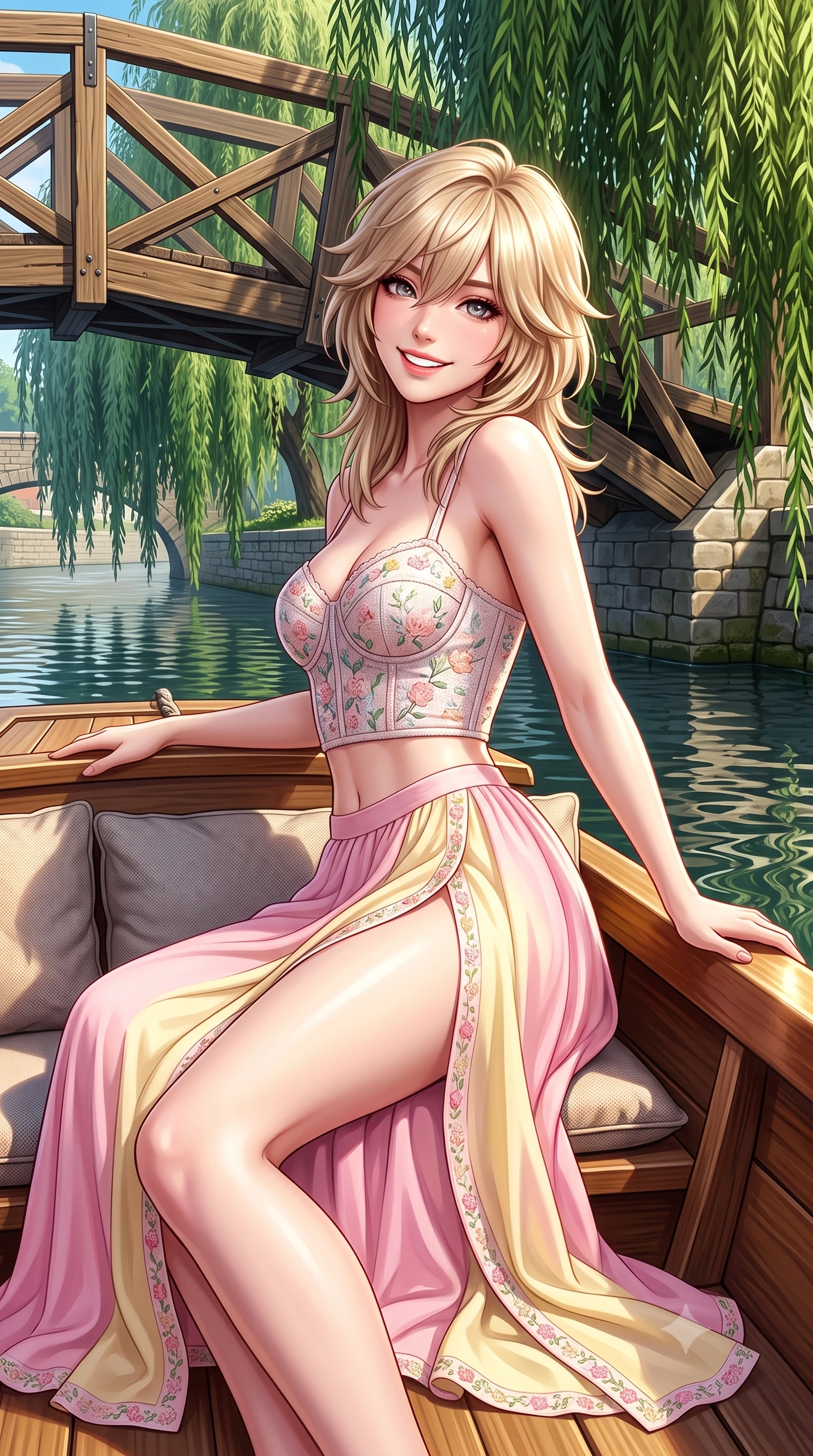 score_9, masterpiece, best quality, ultra-detailed, high-budget anime keyframe, semi-realistic 3D game render, editorial fashion photography, tasteful artistic composition, Japanese woman. close-up cowboy shot from the waist and thighs up, the character dominates the composition, filling the frame with her large presence. leaning back against the sunlit railing with relaxed seductive grace, her flat midriff and narrow waist highlighted as she smiles brightly with bewitching eyes while sitting on the wooden punting boat cushions moored beneath weeping willows, looking over her shoulder with enchanting, playful bedroom-eyes. The surrounding environment is rendered in vivid detail and crisp panoramic clarity. sharp geometric timber beam joints of the bridge, river water ripple caustics, and stone masonry in deep focus. She has an exceptionally elegant, slender, and willowy female figure with an ultra-slim waist, flat toned midriff, narrow ribcage, and sculpted feminine hips creating an alluring, slim hourglass silhouette without bulk. sharp v-shaped jawline, high-bridge nose, intricate jewel-like sparkling eyes with depth, thick eyelashes, glossy parted lips with a natural peach sheen, bright cheerful beaming smile with an enchanting and coquettish sensual glint, exuding both youthful cute charm and seductive allure, flawlessly proportioned anatomical accuracy, strict slender model proportions, natural body alignment, perfectly sculpted long slender limbs, ultra-slim waistline, clean dynamic posture without body distortion. wearing a delicate floral embroidery bustier top paired with a flowy high-slit chiffon maxi skirt with a side hip opening in sweet strawberry milk pink and butter yellow, tailored from soft pastel tweed with subtle metallic shimmer, complemented by delicate embroidered floral trim along the hem, the high-waisted tailoring accentuating her ultra-slim waistline and the enchanting curve of her feminine hips with alluring charm. illuminated by calm river water specular reflections accentuating her sculpted collarbones, ultra-slim waist, and curvy hips. highly saturated vibrant anime colors, detailed shading with soft gradients, rich glossy textures, high-contrast stereoscopic depth, volumetric dynamic lighting, master piece, 9:16 ratio