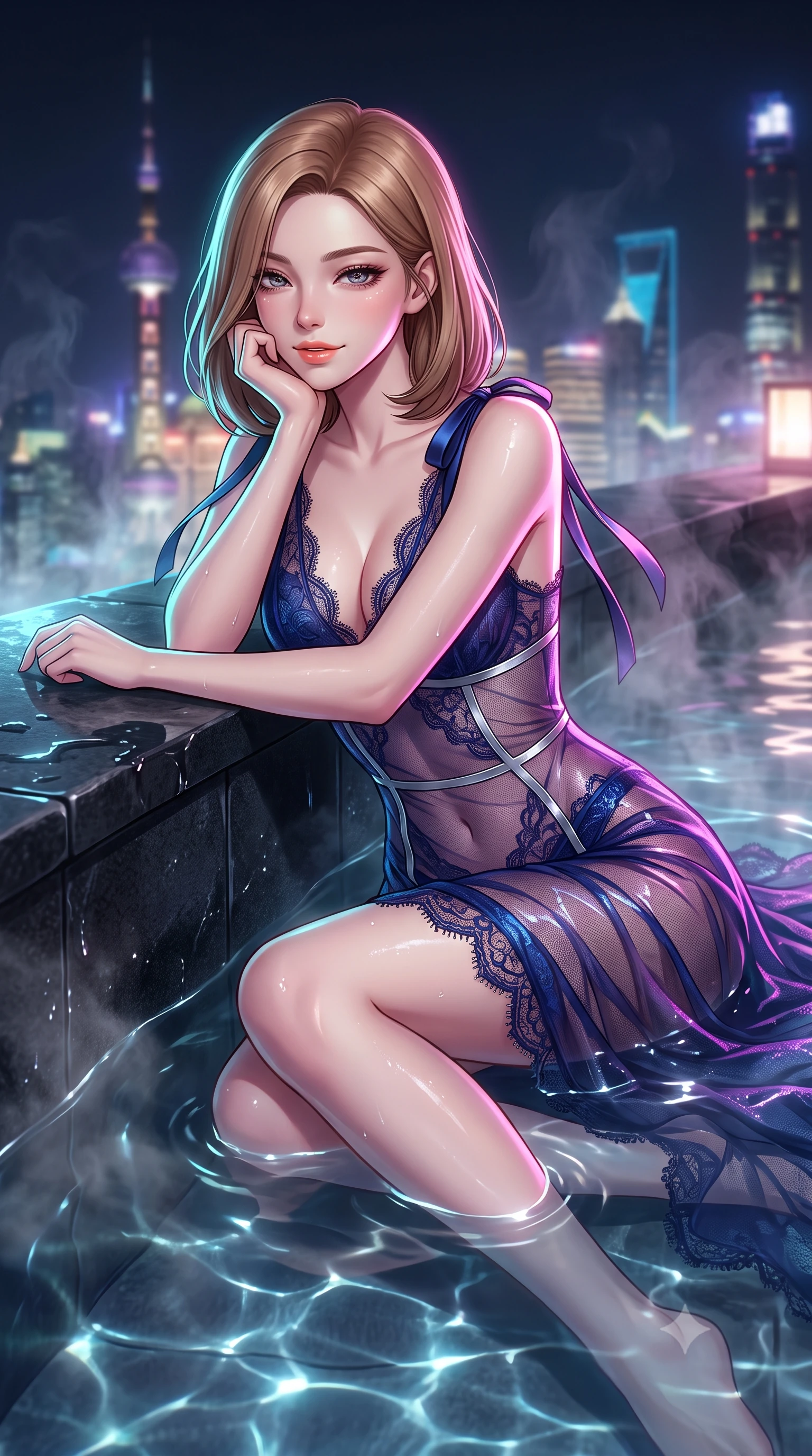 score_9, masterpiece, best quality, ultra-detailed, high-budget anime keyframe, semi-realistic 3D game render, editorial fashion photography, tasteful artistic composition, Korean woman. close-up cowboy shot from the waist and thighs up, the character dominates the composition, filling the frame with her large presence. resting one elbow on the table and supporting her chin, leaning close to the camera with heavy-lidded sparkling eyes and parted lips while lounging in the steaming water propped on the dark stone rim with legs extended, her statuesque 8.5-heads silhouette commanding the metropolis. The background shows a soft-focus rising thermal bath steam softened in billionaire skyscraper penthouse shallow focus. She has an exceptionally elegant, slender, and willowy female figure with an ultra-slim waist, flat toned midriff, narrow ribcage, and sculpted feminine hips creating an alluring, slim hourglass silhouette without bulk. sharp v-shaped jawline, high-bridge nose, intricate jewel-like sparkling eyes with depth, thick eyelashes, glossy parted lips with a natural peach sheen, bright cheerful beaming smile with an enchanting and coquettish sensual glint, exuding both youthful cute charm and seductive allure, flawlessly proportioned anatomical accuracy, strict slender model proportions, natural body alignment, perfectly sculpted long slender limbs, ultra-slim waistline, clean dynamic posture without body distortion. wearing an alluring sheer illusion mesh gown with liquid silver ribbons contouring her flat midriff and curvaceous hips in Huangpu midnight sapphire and neon magenta, made of delicate semi-sheer French Chantilly lace with intricate eyelash edges, finished with satin ribbon ties at the shoulders fluttering in the gentle breeze, the second-skin tailored fabric adhering flawlessly to her sculpted flat midriff and slender torso, emphasizing her long leg lines and perfectly proportioned willowy build. illuminated by tub water caustics bounce and sharp platinum-cyan rim lights sculpting her razor-sharp jawline, narrow waist, and curvy hips. highly saturated vibrant anime colors, detailed shading with soft gradients, rich glossy textures, high-contrast stereoscopic depth, volumetric dynamic lighting, master piece, 9:16 ratio