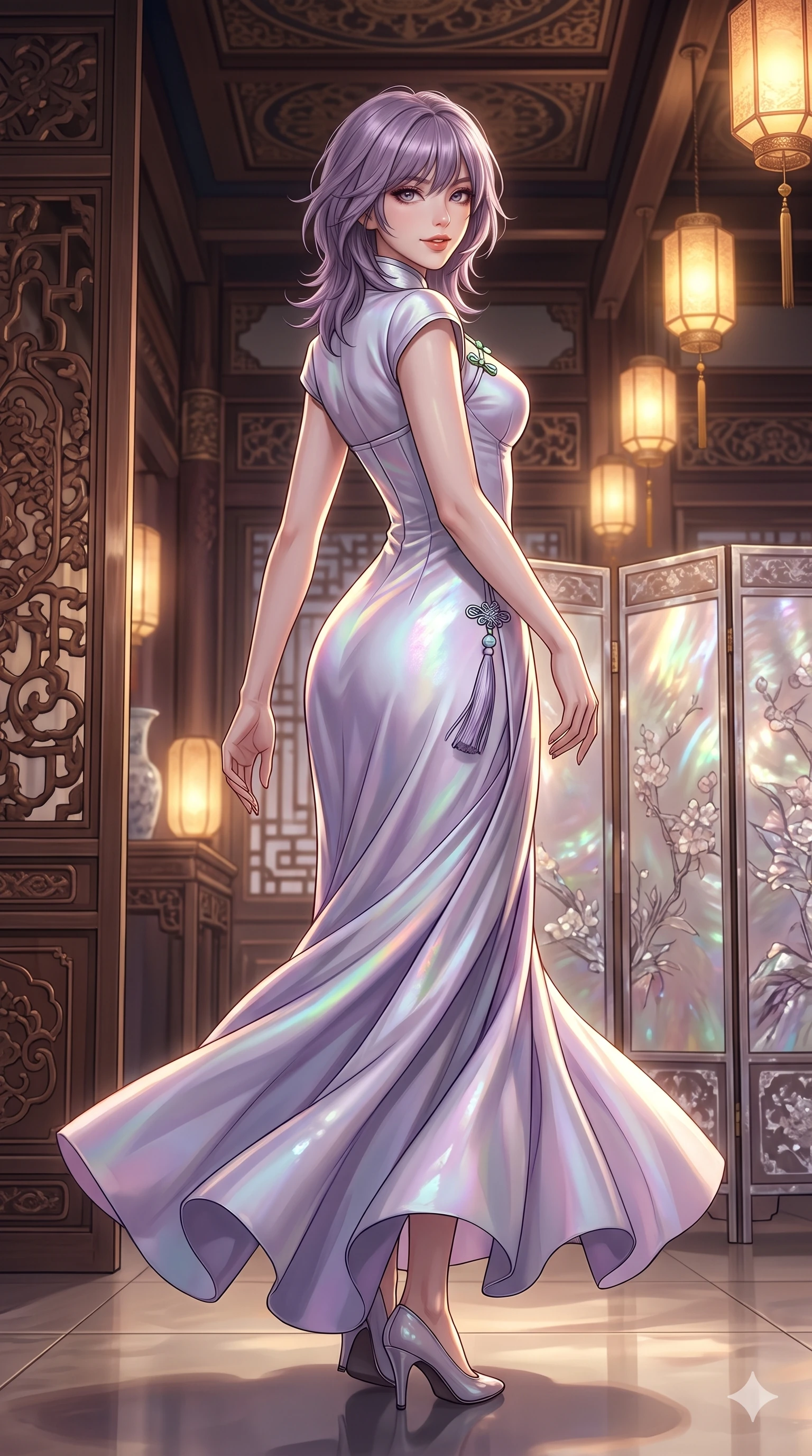 score_9, masterpiece, best quality, ultra-detailed, high-budget anime keyframe, editorial fashion photography, tasteful artistic composition, Japanese woman. low angle full-body shot from head to toe showing her feet, filling the entire 9:16 vertical frame with her statuesque presence, stretching her vertical silhouette. executing a slow, graceful pivot turn as her silk wrap skirt sways around her slender legs, glancing back with an enchanting, teasing sensual expression while twisting her slender torso in an alluring contrapposto stance, rainbow mother-of-pearl reflections contouring her waist and hips. The surrounding environment is rendered in vivid detail and crisp panoramic clarity: detailed modern boned hanbok bustier tailoring, norigae tassel knotting, and luxury royal artisan crafts in razor-sharp precision. She has an absolutely perfect, statuesque 8.5-heads proportion, an exceptionally tall and slender model-like female figure with impossibly long slender legs, an ultra-slim waist, a flat toned midriff, narrow delicate ribcage, and beautifully sculpted feminine hips creating a graceful, slim hourglass silhouette without any bulky heaviness. sharp v-shaped jawline, high-bridge nose, sparkling eyes with hypnotic seductive depth, thick curled eyelashes, glossy parted lips with a natural dewy peach sheen, alluring bedroom-eyes with an enchanting coquettish smile, exuding magnetic siren charisma and sophisticated glamour, flawlessly proportioned anatomical accuracy, strict slender model proportions, natural body alignment, perfectly sculpted long slender limbs, ultra-slim waistline, clean dynamic posture without body distortion. wearing a refined high-collar fusion qipao evening column gown with structured shoulders and modest jade toggle clasps in iridescent mother-of-pearl and misty lavender, tailored from heavy double-faced silk faille with an exceptionally fluid drape, finished with a minimalist celadon porcelain pendant on a fine silk cord, the bespoke structured tailoring following the natural line of her 8.5-heads silhouette with refined elegance. illuminated by mother-of-pearl screen iridescence bounce and sharp gold-pearl rim lights sculpting her razor-sharp jawline, narrow waist, and curvy hips. ultra-reflective glossy finish, specular highlights, rich textural contrasts, high-contrast stereoscopic depth, volumetric dynamic lighting, 2k, ultra detail, master piece, 9:16 ratio