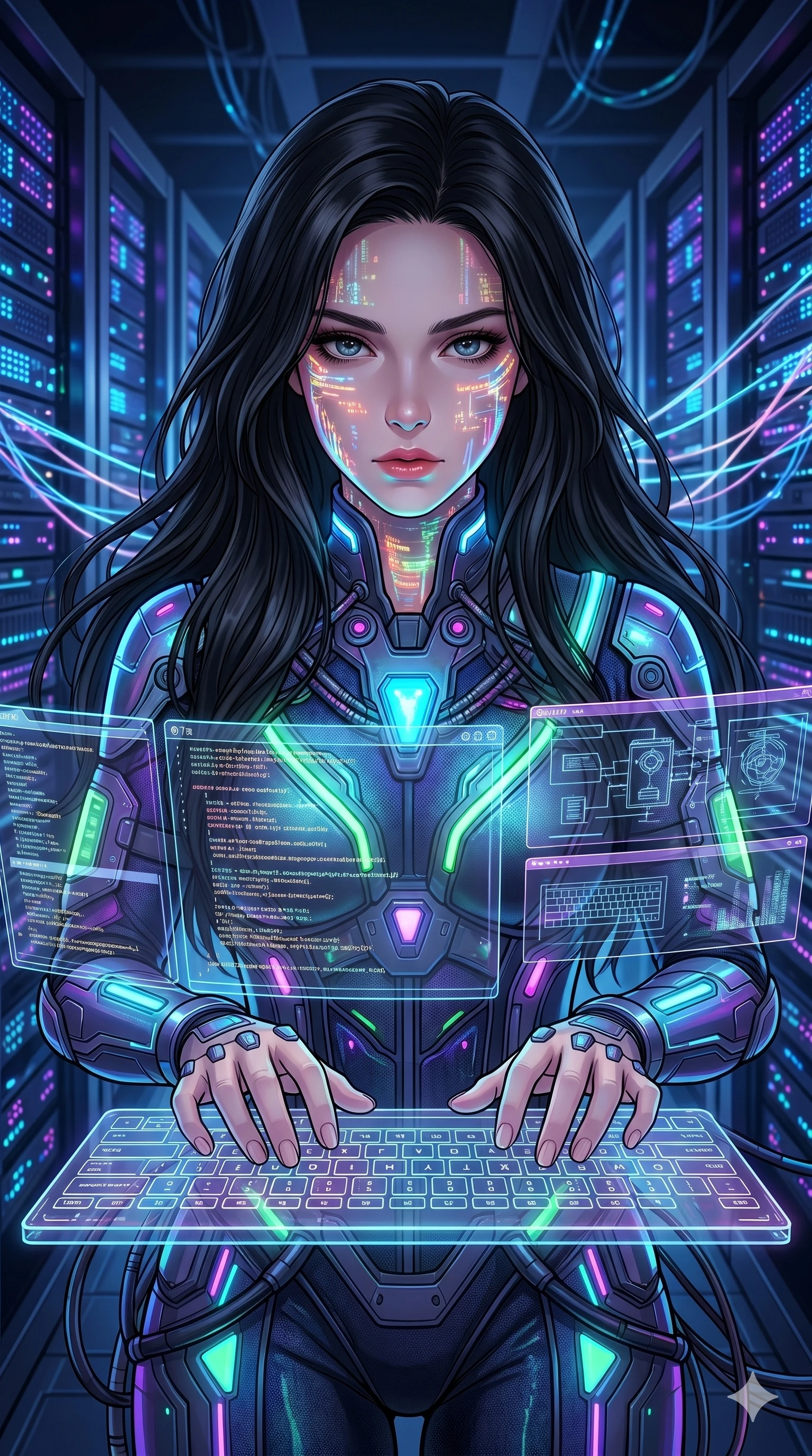 score_9, score_8_up, score_7_up, source_anime, masterpiece, best quality, ultra-detailed, same character with long flowing black hair, wearing a neon-colored hacker outfit, upper body close-up from thigh up filling the screen, typing rapidly on a floating holographic keyboard with an intense gaze, face illuminated by screen light, dark server room, 2k, 9:16 ratio