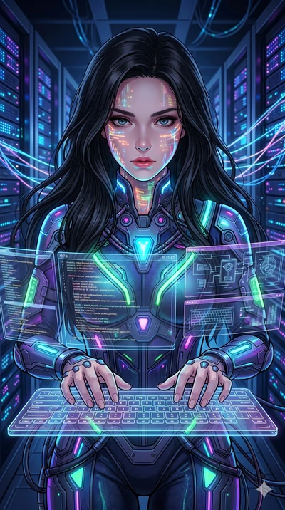score_9, score_8_up, score_7_up, source_anime, masterpiece, best quality, ultra-detailed, same character with long flowing black hair, wearing a neon-colored hacker outfit, upper body close-up from thigh up filling the screen, typing rapidly on a flo