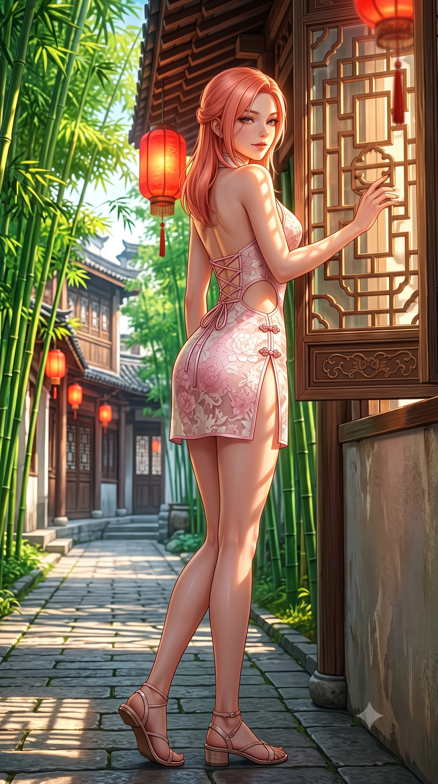 score_9, masterpiece, best quality, ultra-detailed, high-budget anime keyframe, semi-realistic 3D game render, editorial fashion photography, tasteful artistic composition, Japanese woman. low angle full-body shot from head to toe showing her feet, filling the entire 9:16 vertical frame with her statuesque presence, stretching her vertical silhouette. walking slowly through the bamboo pathway, looking back over her shoulder with an air of effortless oriental grace and an alluring, smoldering smile while leaning against an ornate lattice window with hips cocked back, looking over a bare shoulder with an intoxicating, sun-dappled gaze. The surrounding environment is rendered in vivid detail and crisp panoramic clarity: detailed silk satin weave, glowing lantern highlights on skin, and historic Chinese water village architecture in high resolution. She has an absolutely perfect, statuesque 8.5-heads proportion, an exceptionally tall and slender model-like female figure with impossibly long slender legs, an ultra-slim waist, a flat toned midriff, narrow delicate ribcage, and beautifully sculpted feminine hips creating a graceful, slim hourglass silhouette without any bulky heaviness. sharp v-shaped jawline, high-bridge nose, intricate jewel-like dark sparkling almond eyes with depth, thick lashes, glossy parted lips with a natural rose-plum sheen, bright alluring and coquettish smile with bedroom-eyes, exuding both timeless oriental elegance and sovereign high-fashion allure, flawlessly proportioned anatomical accuracy, strict slender model proportions, natural body alignment, perfectly sculpted long slender limbs, ultra-slim waistline, clean dynamic posture without body distortion. wearing a backless halter qipao mini dress with delicate frog-button closures and side waist cutouts framing her hourglass curves in soft cherry blossom pink and pearlescent ivory, woven from delicate semi-opaque floral lace with oriental peony patterns, finished with criss-cross back satin laces tracing her slender spine, the precision-cut side hip slits and low-back scoop framing her graceful spine and the sensual sweep of her slim, toned hips. illuminated by red lantern glow and sharp amber-gold rim lights defining her sculpted collarbones, ultra-slim waist, and curvy hips. highly saturated vibrant anime colors, detailed shading with soft gradients, rich glossy textures, high-contrast stereoscopic depth, volumetric dynamic lighting, master piece, 9:16 ratio