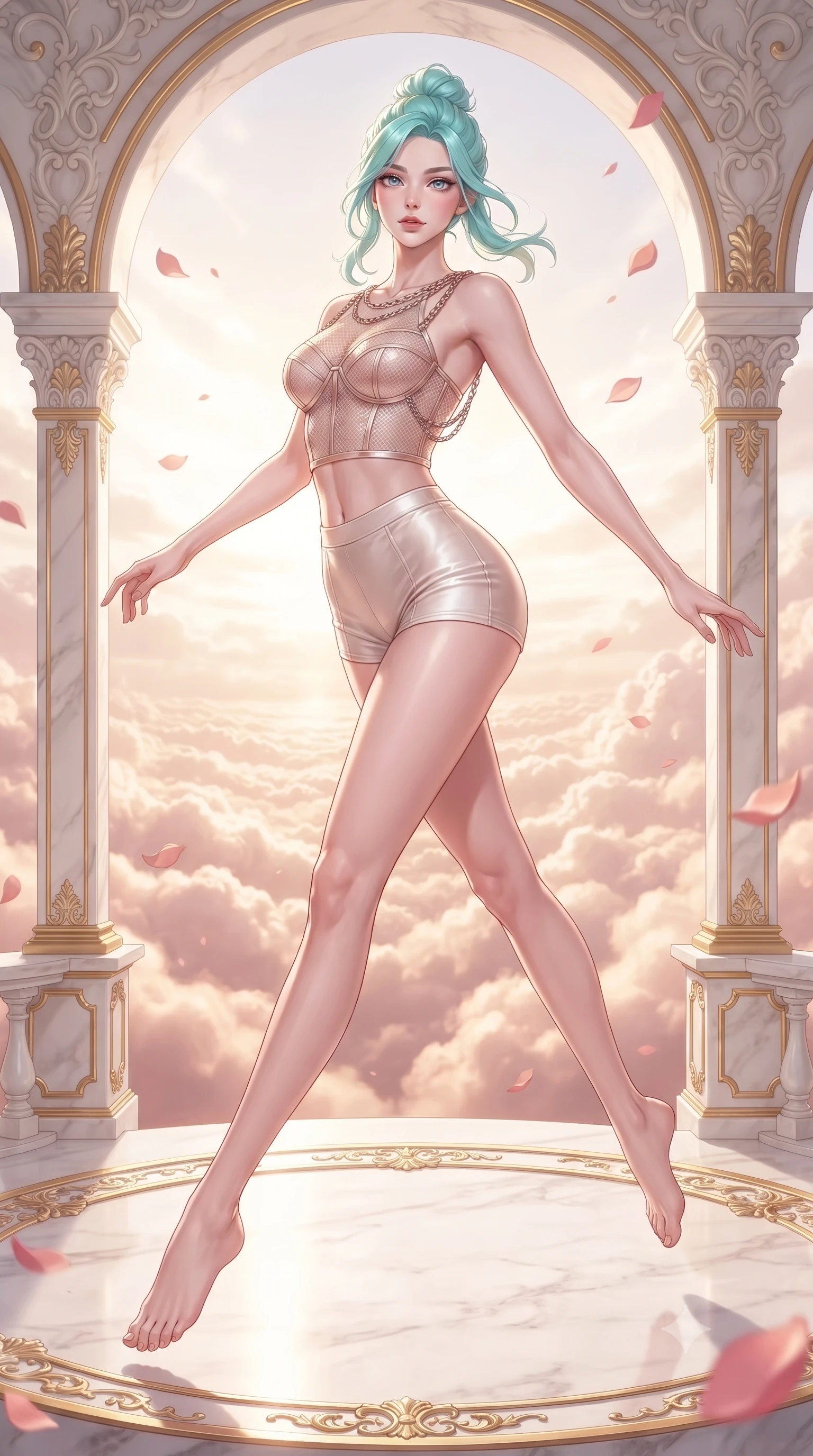 score_9, masterpiece, best quality, ultra-detailed, high-budget anime keyframe, editorial fashion photography, tasteful artistic composition, Japanese woman. low angle full-body shot from head to toe showing her feet, filling the entire 9:16 vertical frame with her statuesque presence, stretching her vertical silhouette. leaping gracefully through the environment with statuesque elegance and long slender legs standing on a floating white marble terrace above a sea of rose-gold clouds, opulent gold-leaf trim and carved ivory archways framed beautifully. She has an absolutely perfect, statuesque 8.5-heads proportion, an exceptionally tall and slender model-like female figure with impossibly long slender legs and an ultra-slim waist. sharp v-shaped jawline, high-bridge nose, intricate jewel-like eyes with depth, thick eyelashes, glossy lips with a natural sheen. wearing a delicate see-through mesh top with structured cup boning and micro-shorts in pearl white and rose gold, crafted from smooth liquid silk, adorned with delicate metallic chain straps along the neckline, the form-contouring material highlighting her ultra-slim waist and long lines. surrounded by a bright, luxurious aura of warm sunshine and sky reflections. highly saturated vibrant anime colors, detailed shading with soft gradients, rich glossy textures, high-contrast stereoscopic depth, volumetric dynamic lighting, master piece, 9:16 ratio