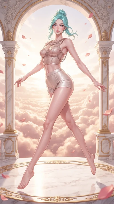 score_9, masterpiece, best quality, ultra-detailed, high-budget anime keyframe, editorial fashion photography, tasteful artistic composition, Japanese woman. low angle full-body shot from head to toe showing her feet, filling the entire 9:16 vertical