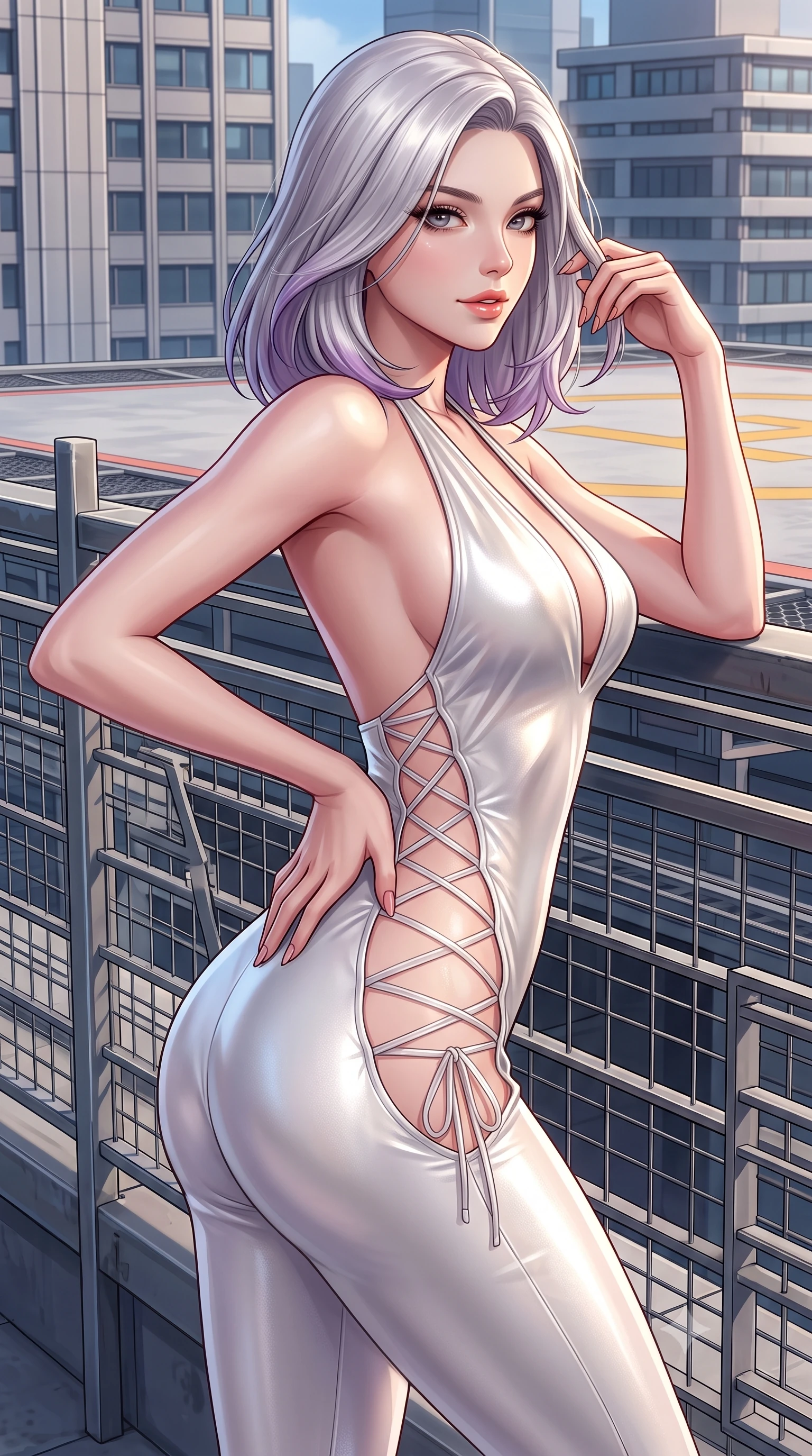 score_9, masterpiece, best quality, ultra-detailed, high-budget anime keyframe, semi-realistic 3D game render, editorial fashion photography, tasteful artistic composition, Caucasian woman. close-up cowboy shot from the waist and thighs up, the character dominates the composition, filling the frame with her large presence. twisting her slender torso in an alluring contrapposto stance, one hand resting on her sculpted hip while her fingers toy with her hair with effortless poise while leaning against the rooftop perimeter fence with relaxed alluring grace, looking back over her shoulder with an intoxicating bedroom-gaze. The surrounding environment is rendered in vivid detail and crisp panoramic clarity: detailed second-skin jumpsuit cling, glossy lip sheen, and retro high-rise architectural lines in high resolution. She has an exceptionally elegant, slender, and willowy female figure with an ultra-slim waist, flat toned midriff, narrow ribcage, and sculpted feminine hips creating an alluring, slim hourglass silhouette without bulk. sharp v-shaped jawline, high-bridge nose, sparkling eyes with hypnotic seductive depth, thick curled eyelashes, glossy parted lips with a natural dewy peach sheen, alluring bedroom-eyes with an enchanting coquettish smile, exuding magnetic siren charisma and sophisticated glamour, flawlessly proportioned anatomical accuracy, strict slender model proportions, natural body alignment, perfectly sculpted long slender limbs, ultra-slim waistline, clean dynamic posture without body distortion. wearing a liquid metallic lamé plunge halterneck jumpsuit clinging like a second skin with high-cut side hip cutouts in pure pearl alabaster with platinum sheen, made of delicate semi-sheer Korean gossamer organza with subtle pearlescent glints, featuring fine criss-cross lace-up side ties revealing tantalizing glimpses of her hip curve, the glove-like clinging cut tightly following the natural contour of her hips and long slender legs with youthful 8.5-heads elegance. illuminated by helipad floodlight bounce and sharp platinum rim lights sculpting her jawline, flat midriff, and curvaceous hips. highly saturated vibrant anime colors, detailed shading with soft gradients, rich glossy textures, high-contrast stereoscopic depth, volumetric dynamic lighting, master piece, 9:16 ratio