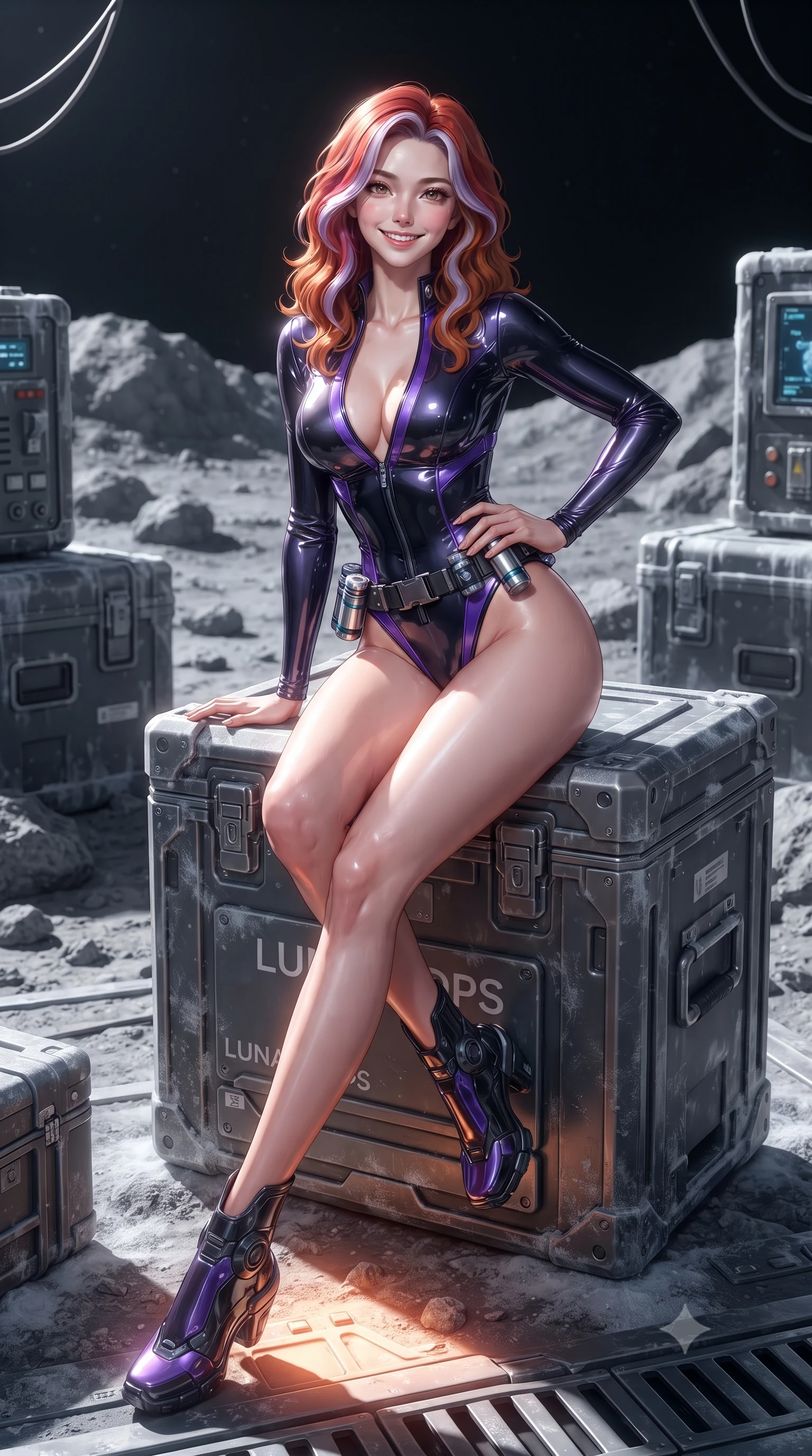 score_9, masterpiece, best quality, ultra-detailed, high-budget anime keyframe, editorial fashion photography, tasteful artistic composition, Caucasian woman. low angle full-body shot from head to toe showing her feet, filling the entire 9:16 vertical frame with her statuesque presence, stretching her vertical silhouette. striding forward gracefully across the reflective metal deck in mid-motion with a radiant beaming smile, hips swaying in an alluring kinetic rhythm that accentuates her curvy hourglass silhouette and long slender legs while sitting perched on an equipment crate propped on one hand, her tight environmental suit radiating magnetic, adventurous charm. The surrounding environment is rendered in vivid detail and crisp panoramic clarity: sharp lunar rock textures, titanium tread track pins, and frost rime on equipment panels in deep focus. She has an absolutely perfect, statuesque 8.5-heads proportion, an exceptionally tall and slender model-like female figure with impossibly long slender legs, an ultra-slim waist, a flat toned midriff, narrow delicate ribcage, and beautifully sculpted feminine hips creating a graceful, slim hourglass silhouette without any bulky heaviness. sharp v-shaped jawline, high-bridge nose, intricate jewel-like sparkling eyes with depth, thick eyelashes, glossy parted lips with a natural sheen, bright confident smile with an enchanting and coquettish sensual glint, exuding both youthful magnetic charm and sovereign high-tech allure, flawlessly proportioned anatomical accuracy, strict slender model proportions, natural body alignment, perfectly sculpted long slender limbs, ultra-slim waistline, clean dynamic posture without body distortion. wearing a glossy vinyl and carbon-fiber hybrid bodysuit with a plunging neckline and high-cut leg openings in neon electric violet and deep space obsidian, tailored from ultra-reflective glossy liquid vinyl with mirror-like specular highlights, accented with a sleek utility belt with polished magnetic canisters resting loosely on her curvy hips, the aerodynamic second-skin silhouette tightly following the natural contour of her hips and long slender legs with youthful 8.5-heads elegance. illuminated by ground reflections and sharp platinum rim lights defining her slim torso, narrow waist, and curvy hips. ultra-reflective glossy finish, specular highlights, rich textural contrasts, high-contrast stereoscopic depth, volumetric dynamic lighting, 2k, ultra detail, master piece, 9:16 ratio