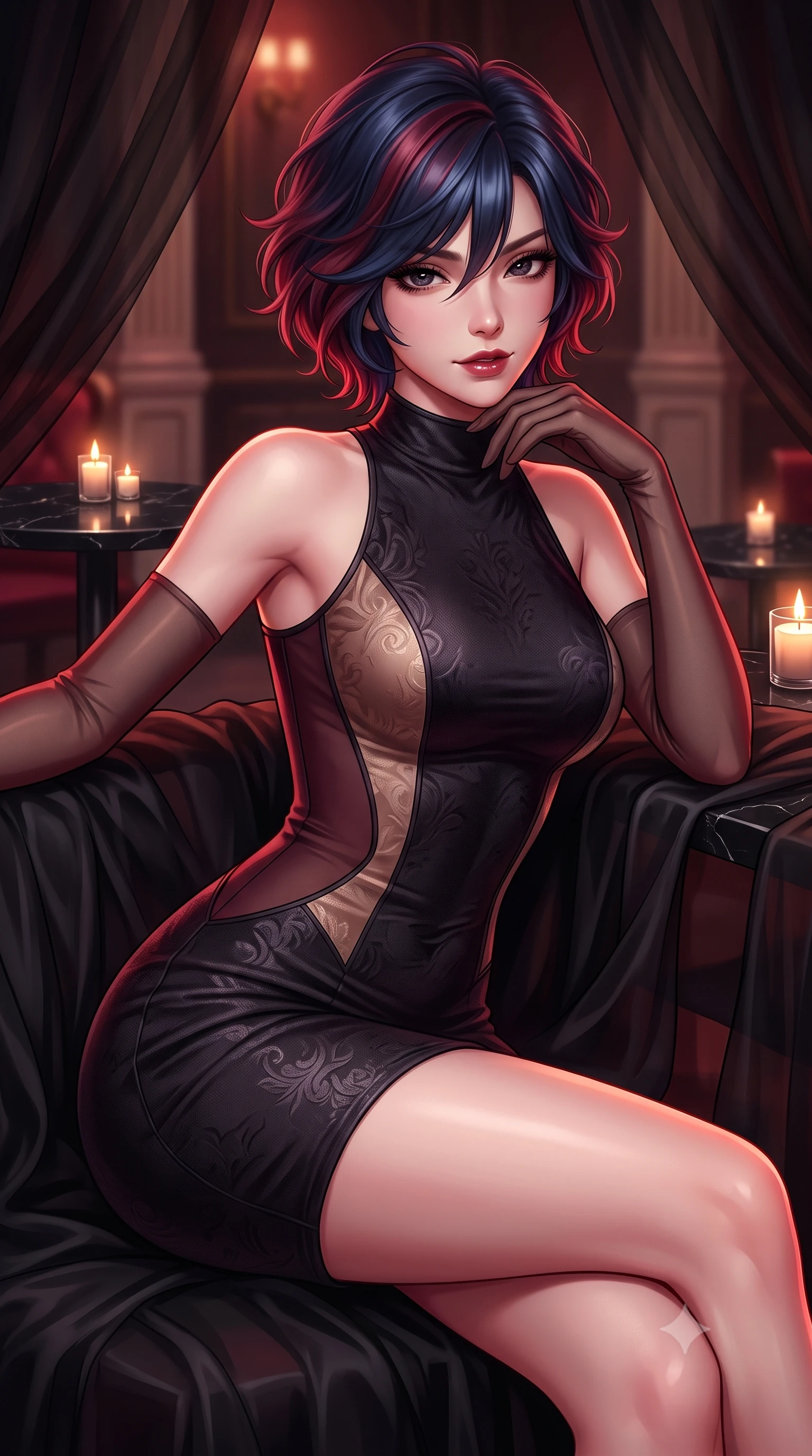 score_9, masterpiece, best quality, ultra-detailed, high-budget anime keyframe, semi-realistic 3D game render, editorial fashion photography, tasteful artistic composition, Korean woman. close-up cowboy shot from the waist and thighs up, the character dominates the composition, filling the frame with her large presence. tilting her chin up slightly with lips parted in a composed, sovereign expression, her body curving in an alluring S-line that accentuates her hip contour while lounging in a private booth draped in black sheer silk, resting her chin on her fingers while gazing directly into the camera with bedroom-eyes. The composition keeps background elements in soft focus with dreamy creamy bokeh. flickering tea-light candles on black marble tables softened in moody lounge shallow focus. She has an exceptionally elegant, slender, and willowy female figure with an ultra-slim waist, flat toned midriff, narrow ribcage, and sculpted feminine hips creating an alluring, slim hourglass silhouette without bulk. sharp v-shaped jawline, high-bridge nose, intricate jewel-like dark sparkling eyes with dangerous depth, thick curled eyelashes, glossy parted lips with a rich wine sheen, smoldering seductive half-smile with bedroom-eyes, exuding effortless superiority and intoxicating dark allure, flawlessly proportioned anatomical accuracy, strict slender model proportions, natural body alignment, perfectly sculpted long slender limbs, ultra-slim waistline, clean dynamic posture without body distortion. wearing a high-neck sleeveless bodycon dress in textured matte obsidian with side-torso semi-sheer mesh inserts in dark mulberry wine and antique champagne, tailored from rich silk jacquard with subtle embossed baroque patterns, complemented by sheer dark opera gloves reaching past her elbows, the form-contouring cut accentuating her sculpted flat midriff, narrow delicate ribcage, and gracefully curvy hips with sovereign high-fashion precision. bathed in intense crimson and deep amber low-key accent lighting. highly saturated vibrant anime colors, detailed shading with soft gradients, rich glossy textures, high-contrast stereoscopic depth, volumetric dynamic lighting, master piece, 9:16 ratio