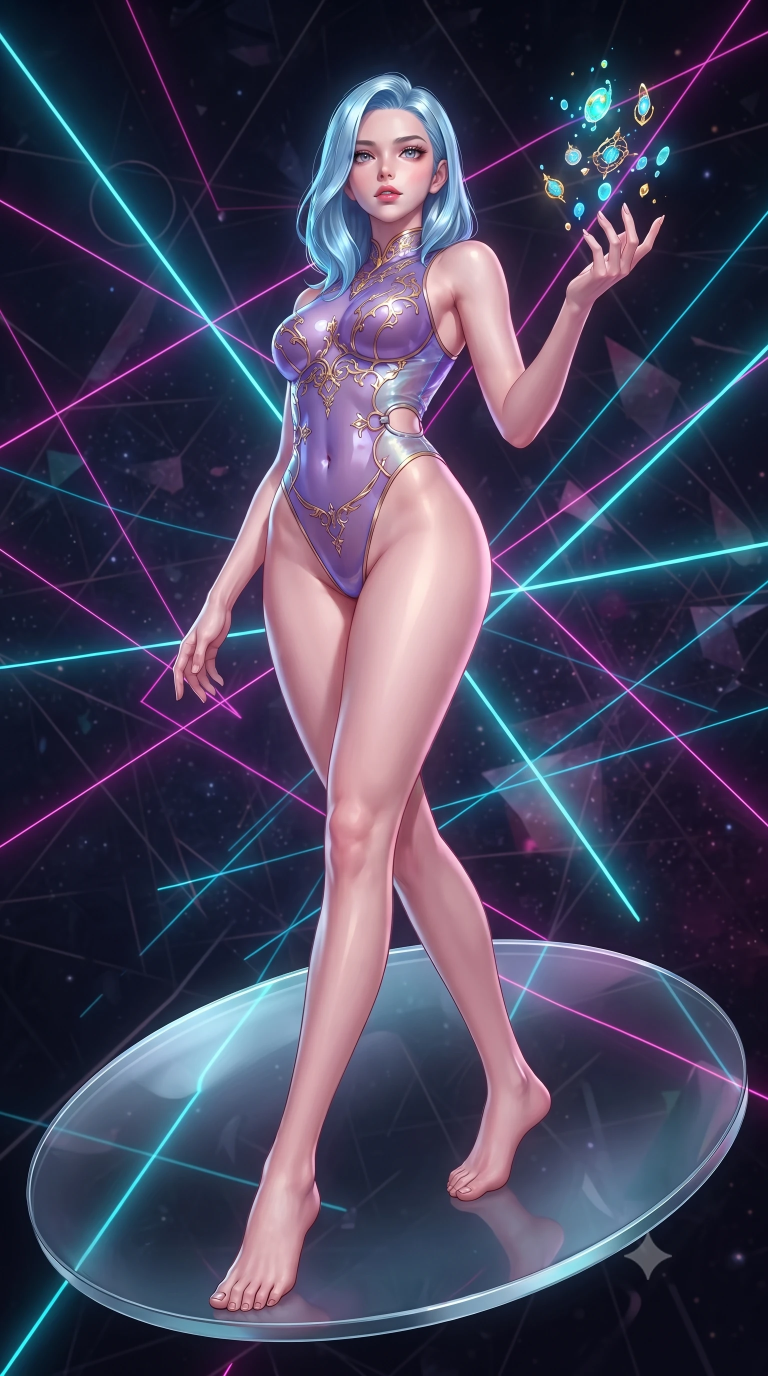 score_9, masterpiece, best quality, ultra-detailed, high-budget anime keyframe, editorial fashion photography, tasteful artistic composition, Korean woman. low angle full-body shot from head to toe showing her feet, filling the entire 9:16 vertical frame with her statuesque presence, stretching her vertical silhouette. interacting gracefully with the magical floating elements while maintaining a confident posture poised on a floating glass disk suspended inside a geometric light matrix, fluorescent cyan, magenta, and gold light threads crossing in 3D space. She has an absolutely perfect, statuesque 8.5-heads proportion, an exceptionally tall and slender model-like female figure with impossibly long slender legs and an ultra-slim waist. sharp v-shaped jawline, high-bridge nose, intricate jewel-like eyes with depth, thick eyelashes, glossy lips with a natural sheen. wearing a high-cut translucent vinyl leotard with front paneling and open back in plum purple and gold filigree, crafted from smooth liquid silk, accented with delicate chrome ring hardware framing her waist, the form-contouring material highlighting her ultra-slim waist and long lines. illuminated by the brilliant glow of cyan and gold luminescent threads. highly saturated vibrant anime colors, detailed shading with soft gradients, rich glossy textures, high-contrast stereoscopic depth, volumetric dynamic lighting, master piece, 9:16 ratio