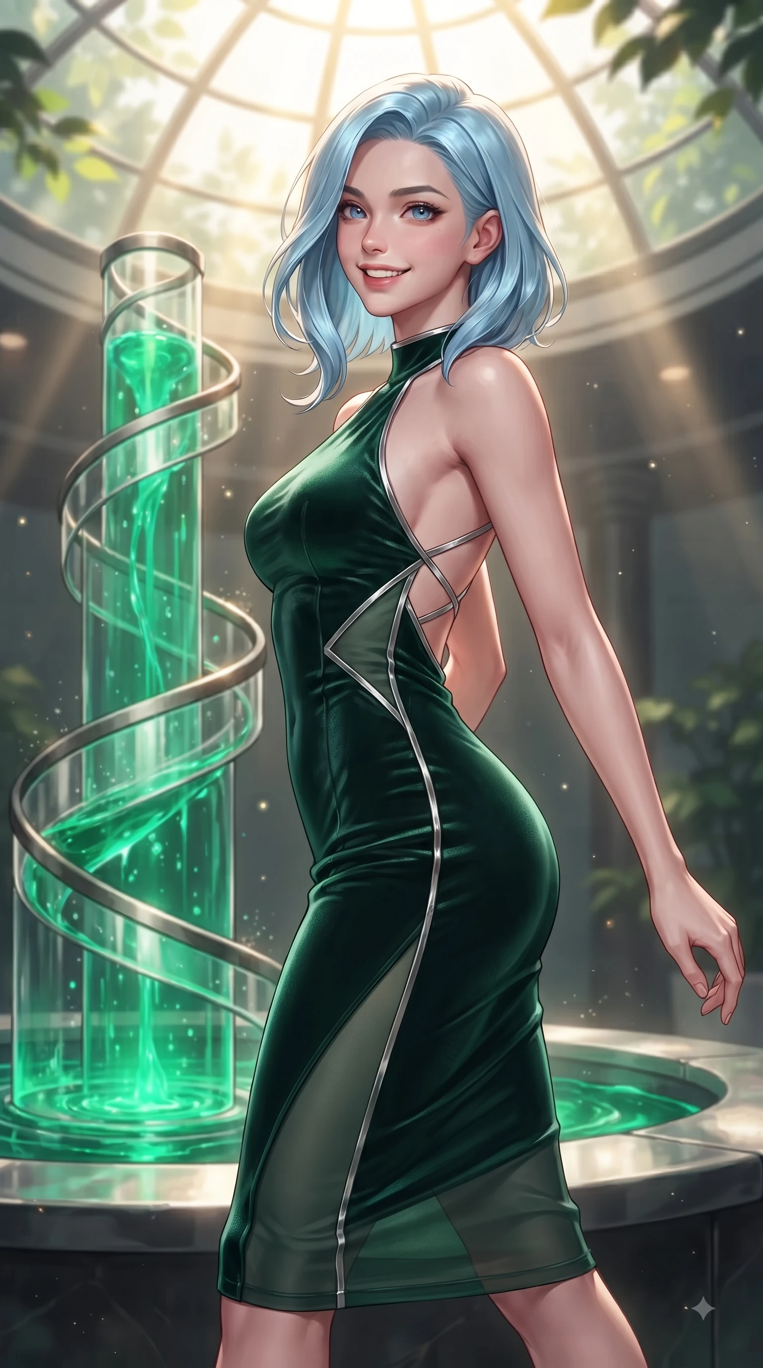 score_9, masterpiece, best quality, ultra-detailed, high-budget anime keyframe, editorial fashion photography, tasteful artistic composition, Korean woman. close-up cowboy shot from the waist and thighs up, the character dominates the composition, filling the frame with her large presence, background elements kept in soft focus. Gazing directly into the camera with a joyful, infectious smile as her torso curves dynamically in mid-stride while pivoting dynamically beside a hydro-flow spiral fountain flowing with bright emerald sap, intense volumetric sunbeams filtering through the glass dome ceiling in bright golden rays. She has an exceptionally elegant, slender, and willowy female figure with an ultra-slim waist, a gracefully sculpted slender torso, and a refined silhouette. sharp v-shaped jawline, high-bridge nose, intricate jewel-like eyes with depth, thick eyelashes, glossy lips with a natural sheen, flawlessly proportioned anatomical accuracy, natural body alignment, perfectly sculpted elegant limbs, clean dynamic posture without body distortion. wearing a velvet halter-neck midi dress following her form like a glove in deep emerald green and silver accent, woven from fine semi-opaque sheer organza, complemented by criss-cross back straps highlighting her bare shoulders, the glove-like fit emphasizing her statuesque silhouette during motion. illuminated by brilliant sunbeams casting cheerful organic leaf stencil shadows. ultra-reflective glossy finish, specular highlights, metallic sheen, high-contrast stereoscopic depth, volumetric dynamic lighting, 2k, ultra detail, master piece, 9:16 ratio