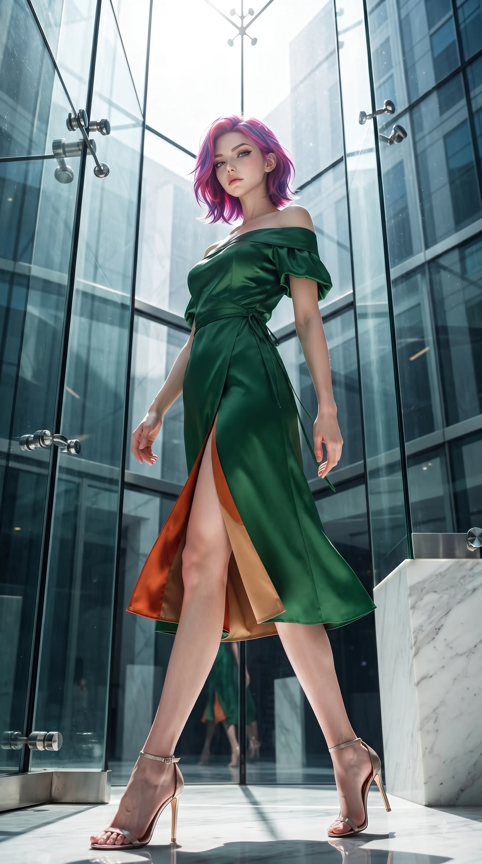 score_9, masterpiece, best quality, ultra-detailed, high-budget anime keyframe, editorial fashion photography, tasteful artistic composition, Caucasian woman. low angle full-body shot from head to toe showing her feet, filling the entire 9:16 vertical frame with her statuesque presence, stretching her vertical silhouette. Haughty, chic expression with a poised chin-tilt and an aloof, magnetic gaze commanding attention while pivoting dynamically near a towering geometric glass facade with intense sunlight filtering through. The surrounding environment is rendered in vivid detail and crisp panoramic clarity. crisp glass geometric panels, polished chrome fixtures, and white marble textures in deep focus. She has an absolutely perfect, statuesque 8.5-heads proportion, an exceptionally tall and slender model-like female figure with impossibly long slender legs and an ultra-slim waist. sharp v-shaped jawline, high-bridge nose, intricate jewel-like eyes with depth, thick eyelashes, glossy lips with a natural sheen, flawlessly proportioned anatomical accuracy, natural body alignment, perfectly sculpted elegant limbs, clean dynamic posture without body distortion. wearing a vibrant forest green off-shoulder midi dress with a tasteful front slit in burnt orange and warm camel beige, crafted from smooth liquid silk satin, accented with a delicate side waist sash creating fluid lines, the tailored fit highlighting her statuesque and model-like silhouette. illuminated by polished specular highlights and cool futuristic rim lighting. ultra-reflective glossy finish, specular highlights, metallic sheen, high-contrast stereoscopic depth, volumetric dynamic lighting, 2k, ultra detail, master piece, 9:16 ratio