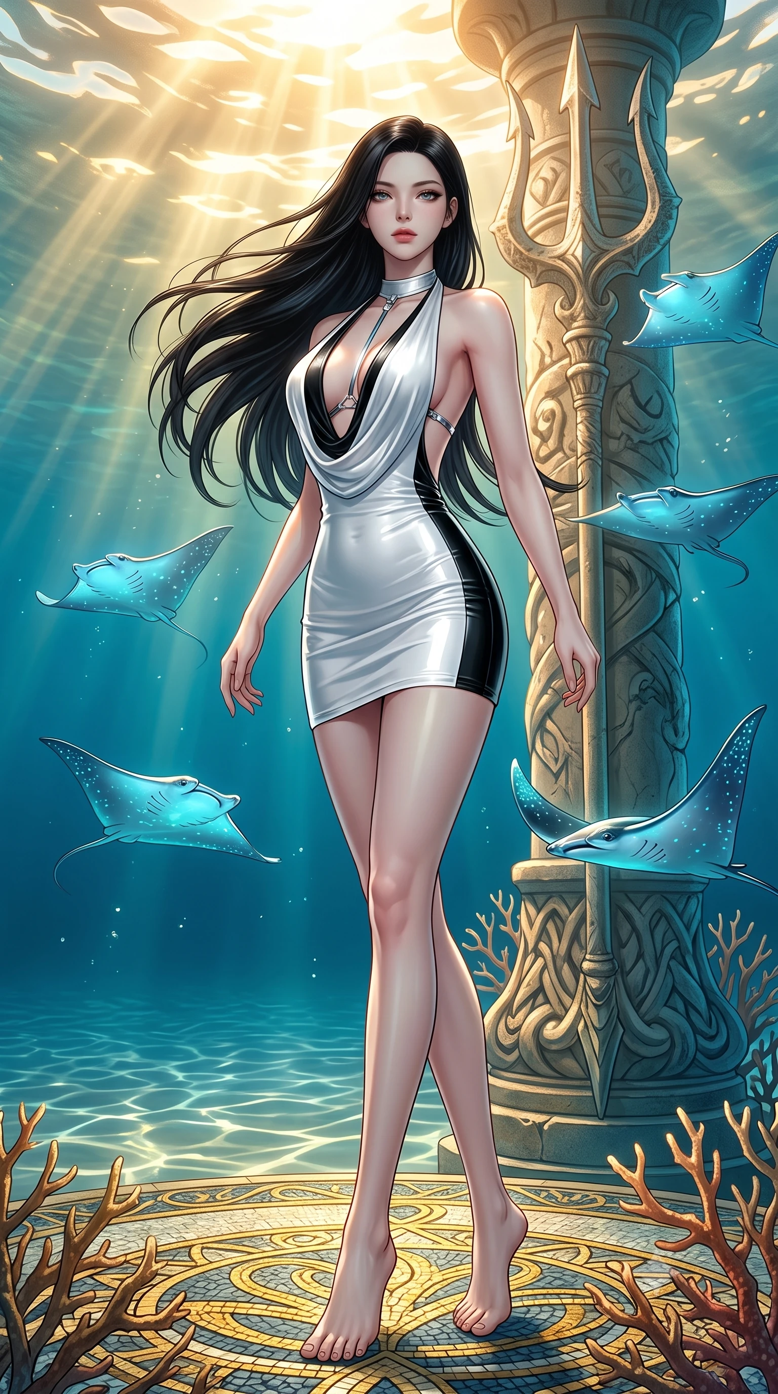 score_9, masterpiece, best quality, ultra-detailed, high-budget anime keyframe, semi-realistic 3D game render, editorial fashion photography, tasteful artistic composition, Korean woman. low angle full-body shot from head to toe showing her feet, filling the entire 9:16 vertical frame with her statuesque presence, stretching her vertical silhouette. pivoting dynamically in mid-motion with a breathtakingly alluring posture, displaying her flawless model proportions and ultra-slim waist while pivoting dynamically beside a colossal carved trident pillar surrounded by swimming bioluminescent manta rays. The surrounding environment is rendered in vivid detail and crisp panoramic clarity. intricate gold mosaic floor patterns, sharp coral branch textures, and glowing aquatic caustics in deep focus. She has an absolutely perfect, statuesque 8.5-heads proportion, an exceptionally tall and slender model-like female figure with impossibly long slender legs, a toned flat midriff, and an ultra-slim waist. sharp v-shaped jawline, high-bridge nose, intricate jewel-like eyes with depth, thick eyelashes, glossy lips with a natural sheen, flawlessly proportioned anatomical accuracy, strict slender model proportions, natural body alignment, perfectly sculpted long slender limbs, ultra-slim waistline, clean dynamic posture without body distortion. wearing a form-contouring liquid satin halter-neck mini dress with a deep crossover cowl front, open back, and ultra-slender waist drape in high-gloss monochrome white and sharp black contrast, made of liquid metal jersey that clings flawlessly to every contour of her build, reinforced by a sleek metallic chrome harness and delicate glowing micro-straps, the liquid-tight tailored fabric emphasizing every curve of her tall, slender model proportions and sculptured silhouette during dynamic movement. bathed in shimmering golden sunlight caustics filtering through clear ocean waters. highly saturated vibrant anime colors, detailed shading with soft gradients, rich glossy textures, high-contrast stereoscopic depth, volumetric dynamic lighting, master piece, 9:16 ratio