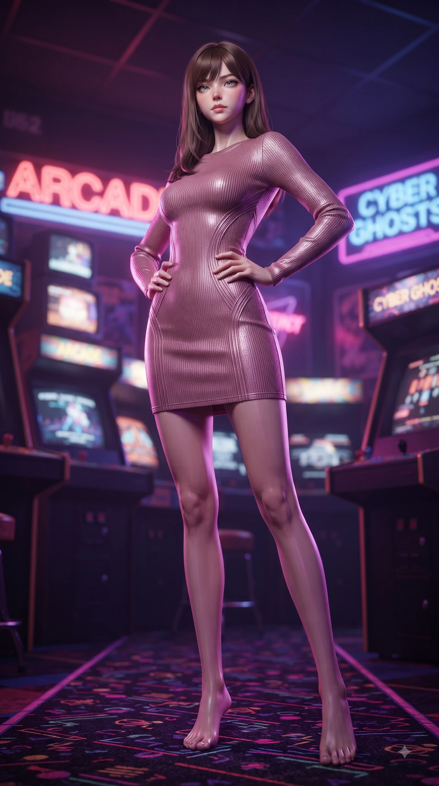 score_9, masterpiece, best quality, ultra-detailed, high-budget anime keyframe, editorial fashion photography, tasteful artistic composition, Korean woman woman. low angle full-body shot from head to toe showing her feet, filling the entire 9:16 vertical frame with her statuesque presence, stretching her vertical silhouette. She has an absolutely perfect, statuesque 8.5-heads proportion, an exceptionally tall and slender model-like female figure with impossibly long slender legs and an ultra-slim waist. standing victorious in a commanding statuesque pose, filling the frame with her slender presence, flawlessly proportioned anatomical accuracy, natural body alignment, perfectly sculpted elegant limbs, clean dynamic posture without body distortion. set against a soft-focus background of a retro cyber arcade filled with glowing CRT screens and neon signs. wearing a sculpted dusty rose ribbed knit bodycon dress with form-contouring side seams. bathed in strobing violet and electric pink neon lights refracting on her outfit. ultra-reflective glossy finish, specular highlights, metallic sheen, high-contrast stereoscopic depth, volumetric dynamic lighting, 2k, ultra detail, master piece, 9:16 ratio