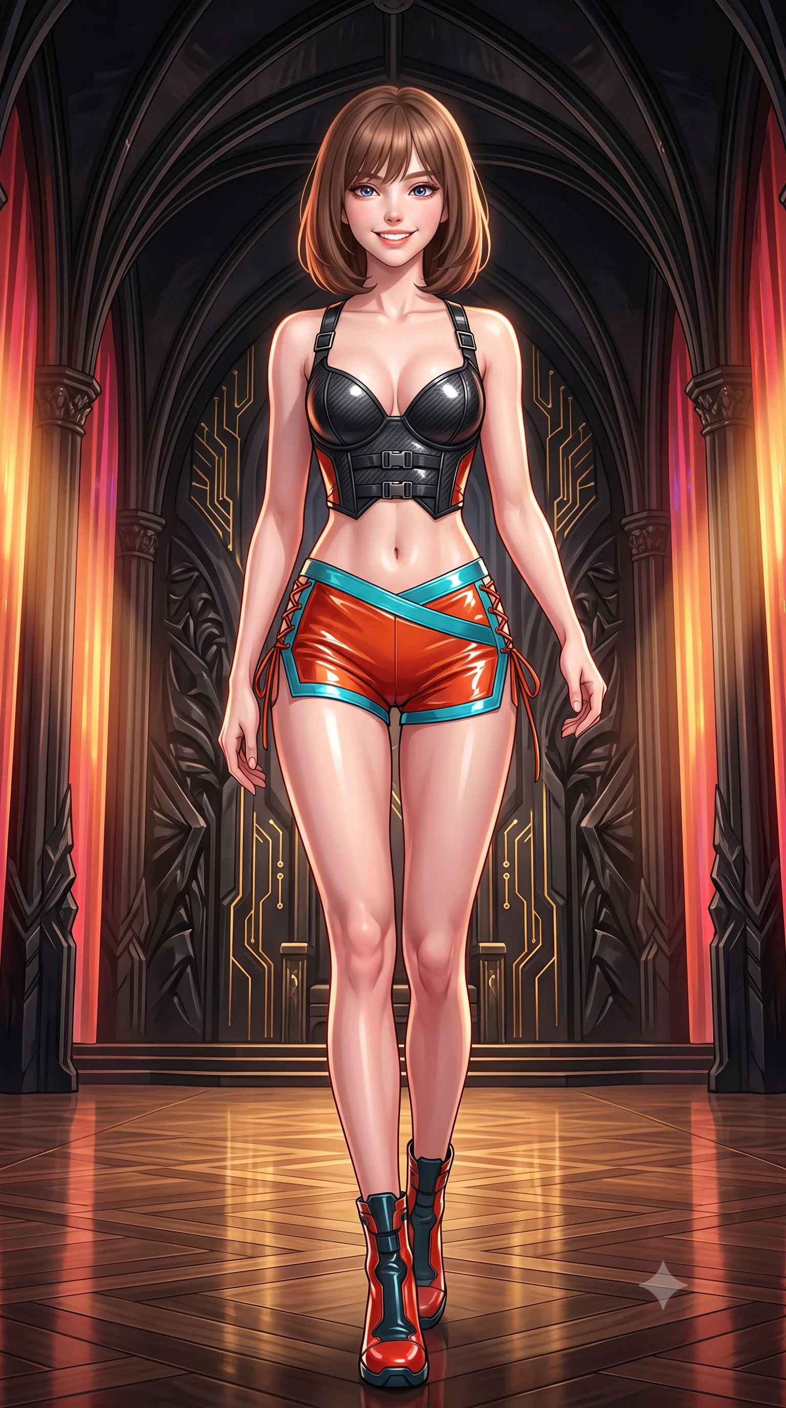 score_9, masterpiece, best quality, ultra-detailed, high-budget anime keyframe, semi-realistic 3D game render, editorial fashion photography, tasteful artistic composition, Caucasian woman. low angle full-body shot from head to toe showing her feet, filling the entire 9:16 vertical frame with her statuesque presence, stretching her vertical silhouette. stepping forward in a confident stride, her long slender legs and curvaceous hips creating a dynamic, sweeping vertical line while standing poised at the center of the monumental gothic-sci-fi throne room beneath soaring obsidian rib vaults, arching her lower back with sovereign diva charisma. The surrounding environment is rendered in vivid detail and crisp panoramic clarity: sharp hand-carved black obsidian relief carvings, pulsing gold micro-circuitry inlays, and polished stage parquet reflections in deep focus. She has an exceptionally tall and slender model-like 8.5-heads proportion, an ultra-slim waist, a flat toned midriff, narrow delicate ribcage, and beautifully sculpted feminine hips creating a graceful, slim hourglass silhouette without any bulky heaviness, with impossibly long slender legs. sharp v-shaped jawline, high-bridge nose, intricate jewel-like sparkling eyes with depth, thick eyelashes, glossy parted lips with a natural peach sheen, bright cheerful beaming smile with an enchanting and coquettish sensual glint, exuding both youthful cute charm and seductive allure, flawlessly proportioned anatomical accuracy, strict slender model proportions, natural body alignment, perfectly sculpted long slender limbs, ultra-slim waistline, clean dynamic posture without body distortion. wearing a sculpted carbon-fiber underwire crop corset with tactical buckle straps paired with low-rise micro shorts in cyber-shinto vermilion and laser turquoise, tailored from high-gloss patent leather with mirror-like specular highlights, featuring fine criss-cross lace-up side ties revealing tantalizing glimpses of her hip curve, the high-slit wrap tailoring accentuating her ultra-slim waistline and the enchanting curve of her feminine hips with alluring seductive charm. bathed in warm 2600K golden spotlight radiance combined with ruby and amber holographic curtain glow. highly saturated vibrant anime colors, detailed shading with soft gradients, rich glossy textures, high-contrast stereoscopic depth, volumetric dynamic lighting, master piece, 9:16 ratio