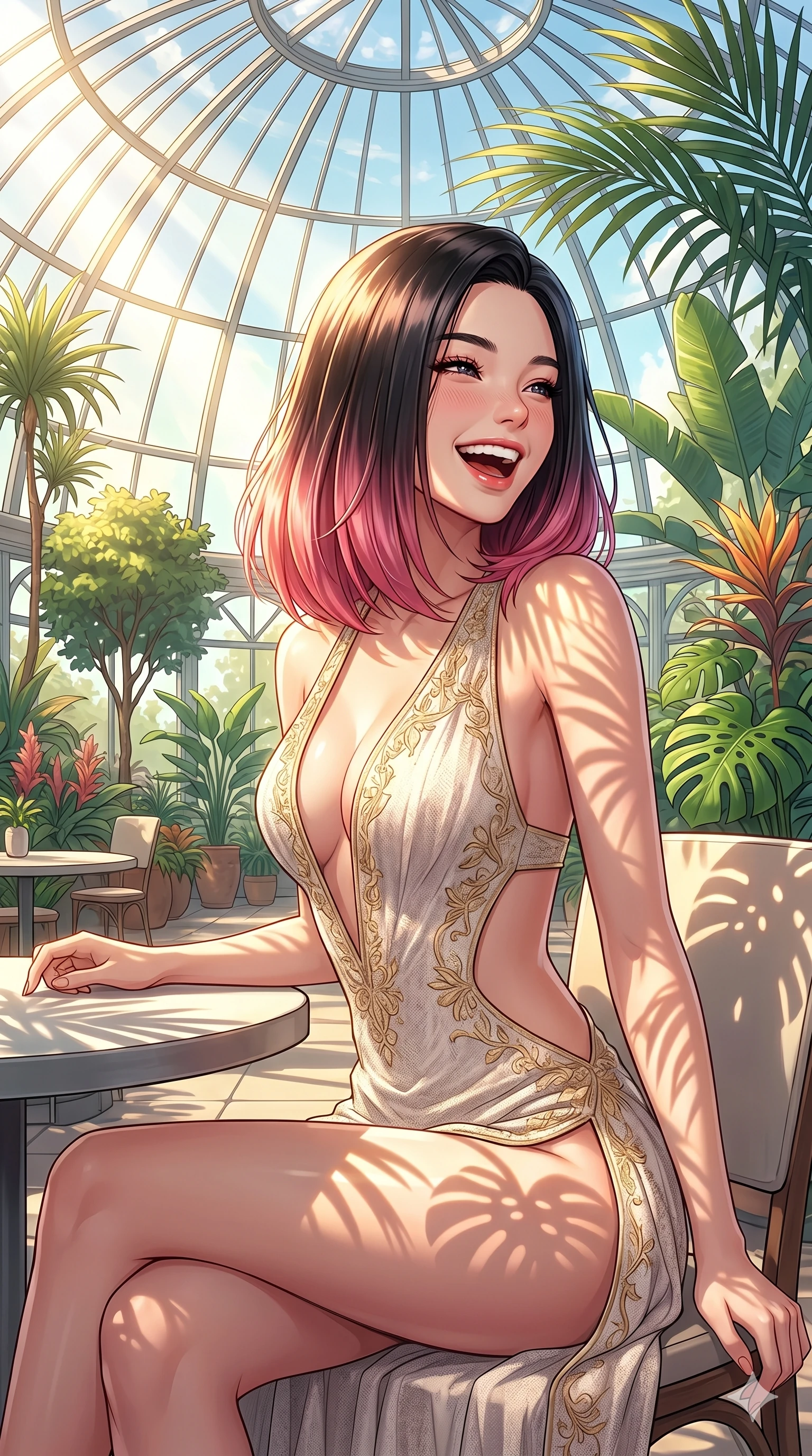 score_9, masterpiece, best quality, ultra-detailed, high-budget anime keyframe, vibrant anime aesthetic, Korean woman. cowboy shot from the thighs up, character and outfit filling the frame for maximum presence. She is sitting on a cafe terrace, looking over her shoulder with a cheerful laugh standing in a botanical sanctuary under glass dome (Code-P20-120). She has an absolutely perfect 8-heads proportion, an exceptionally tall and slender female figure with impossibly long slender legs and an ultra-slim waist. V-shaped jawline, high-bridge nose, intricate jewel-like eyes with depth, thick eyelashes, glossy lips with a natural sheen. wearing a high-slit resort dress with plunging neck and side cutouts. She is drenched in brilliant morning sunshine, casting long warm highlights and leaf patterns. 2k, ultra detail, master piece, 9:16 ratio