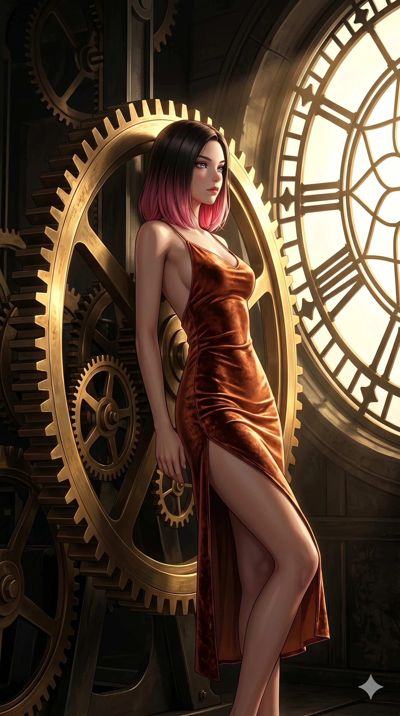 score_9, masterpiece, best quality, ultra-detailed, high-budget anime keyframe, editorial fashion photography, tasteful artistic composition, Korean woman. cowboy shot from the thighs up, character and outfit filling the frame for maximum editorial presence. leaning against a giant gear wheel, looking past the camera with quiet, thoughtful intensity in an antique clock tower with massive brass gears turning slowly (Code-P16-044). She has an absolutely perfect 8-heads proportion, an exceptionally tall and slender female figure with impossibly long slender legs and an ultra-slim waist. V-shaped jawline, high-bridge nose, intricate jewel-like eyes with depth, thick eyelashes, glossy lips with a natural sheen. wearing a form-fitting copper and velvet slip dress with a scooped open back and side slit. dramatic chiaroscuro with a single golden key light filtering through the clock face. 2k, ultra detail, master piece, 9:16 ratio