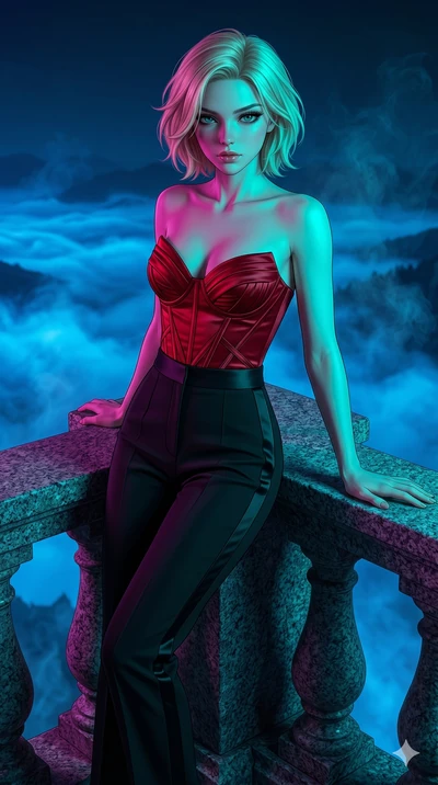 score_9, masterpiece, best quality, ultra-detailed, high-budget anime keyframe, editorial fashion photography, tasteful artistic composition, Caucasian woman, strictly human ears. cowboy shot from the thighs up, character and outfit filling the frame
