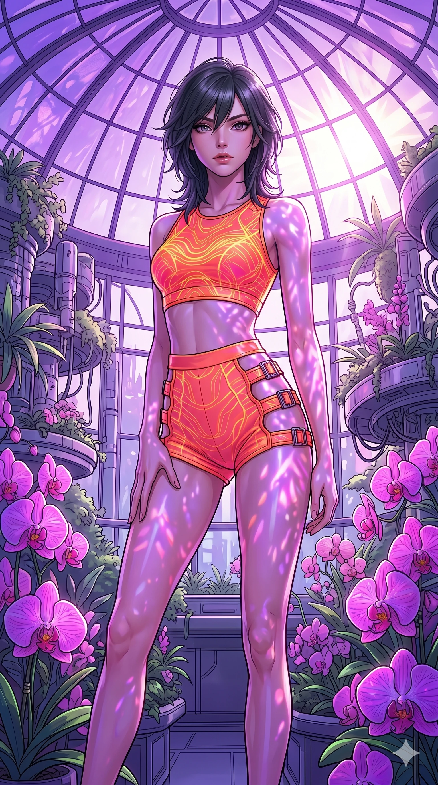 score_9, masterpiece, best quality, ultra-detailed, high-budget anime keyframe, editorial fashion photography, tasteful artistic composition, Caucasian woman, strictly human ears. cowboy shot from the thighs up, character and outfit filling the frame for maximum editorial presence. standing among tropical neon orchids, looking at the viewer with an air of superiority in a futuristic greenhouse under a dome of purple glass (Code-P16-065). She has an absolutely perfect 8-heads proportion, an exceptionally tall and slender female figure with impossibly long slender legs and an ultra-slim waist. V-shaped jawline, high-bridge nose, intricate jewel-like eyes with depth, thick eyelashes, glossy lips with a natural sheen. wearing a neon orange filament crop top and high-waisted shorts with side cutout straps. drenched in brilliant morning sunshine, casting violet-pink patterns on her skin. 2k, ultra detail, master piece, 9:16 ratio