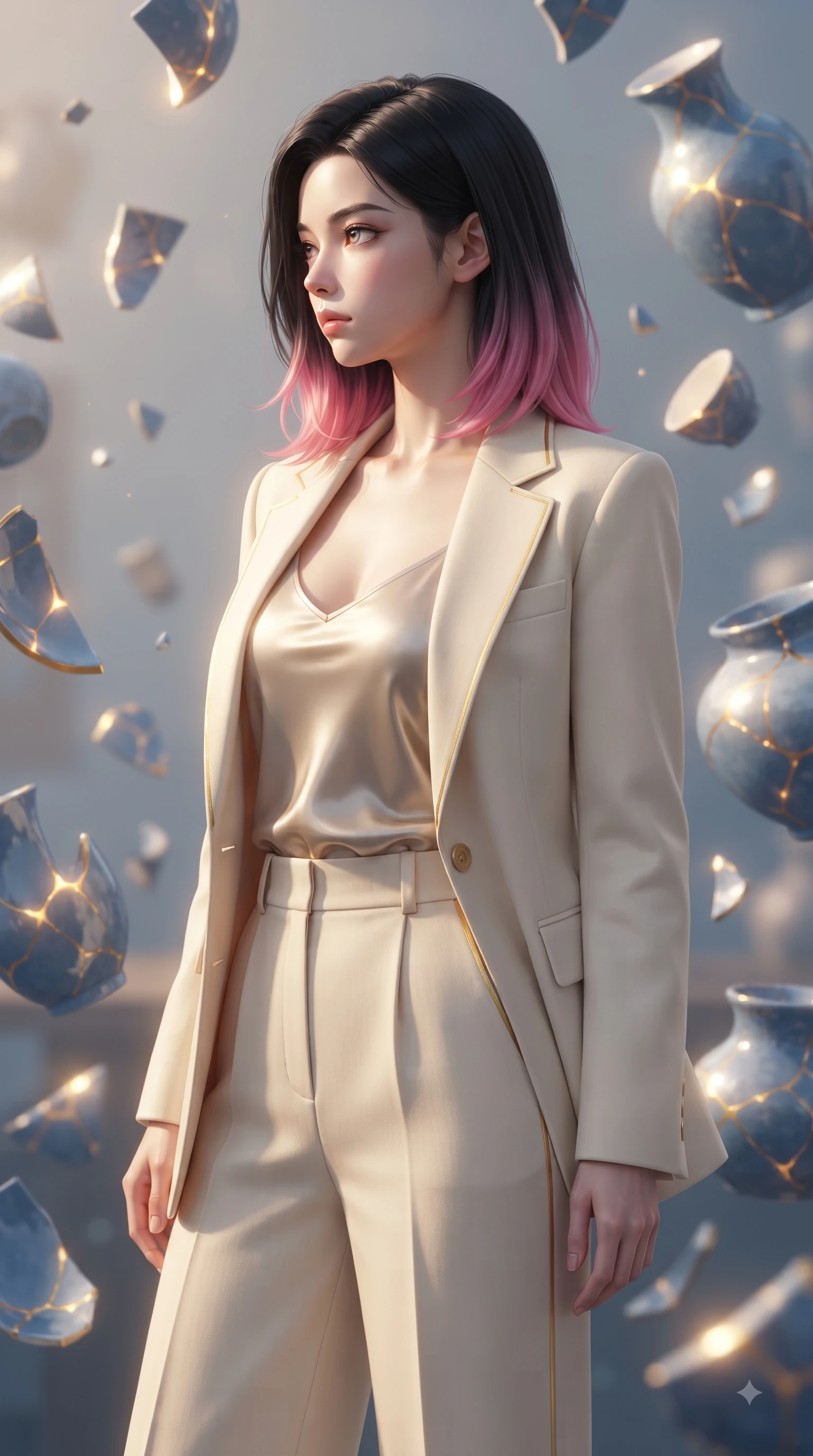 score_9, masterpiece, best quality, ultra-detailed, high-budget anime keyframe, editorial fashion photography, tasteful artistic composition, Korean woman woman. close-up cowboy shot from the waist and thighs up, the character dominates the composition, filling the frame with her large presence, background elements kept in soft focus. She has an exceptionally elegant, slender, and willowy female figure with an ultra-slim waist, a gracefully sculpted slender torso, and a refined silhouette. turning her head in a sharp dramatic profile against the key light, her eyes glowing with calm focus, flawlessly proportioned anatomical accuracy, natural body alignment, perfectly sculpted elegant limbs, clean dynamic posture without body distortion. set against a soft-focus background of a floating blue porcelain workshop with levitating kintsugi shards. wearing a tailored cream wool blazer over an oatmeal silk camisole and wide-leg trousers. bathed in gold ethereal light radiating from gold cracks in floating ceramics with intense inner glow. ultra-reflective glossy finish, specular highlights, metallic sheen, high-contrast stereoscopic depth, volumetric dynamic lighting, 2k, ultra detail, master piece, 9:16 ratio