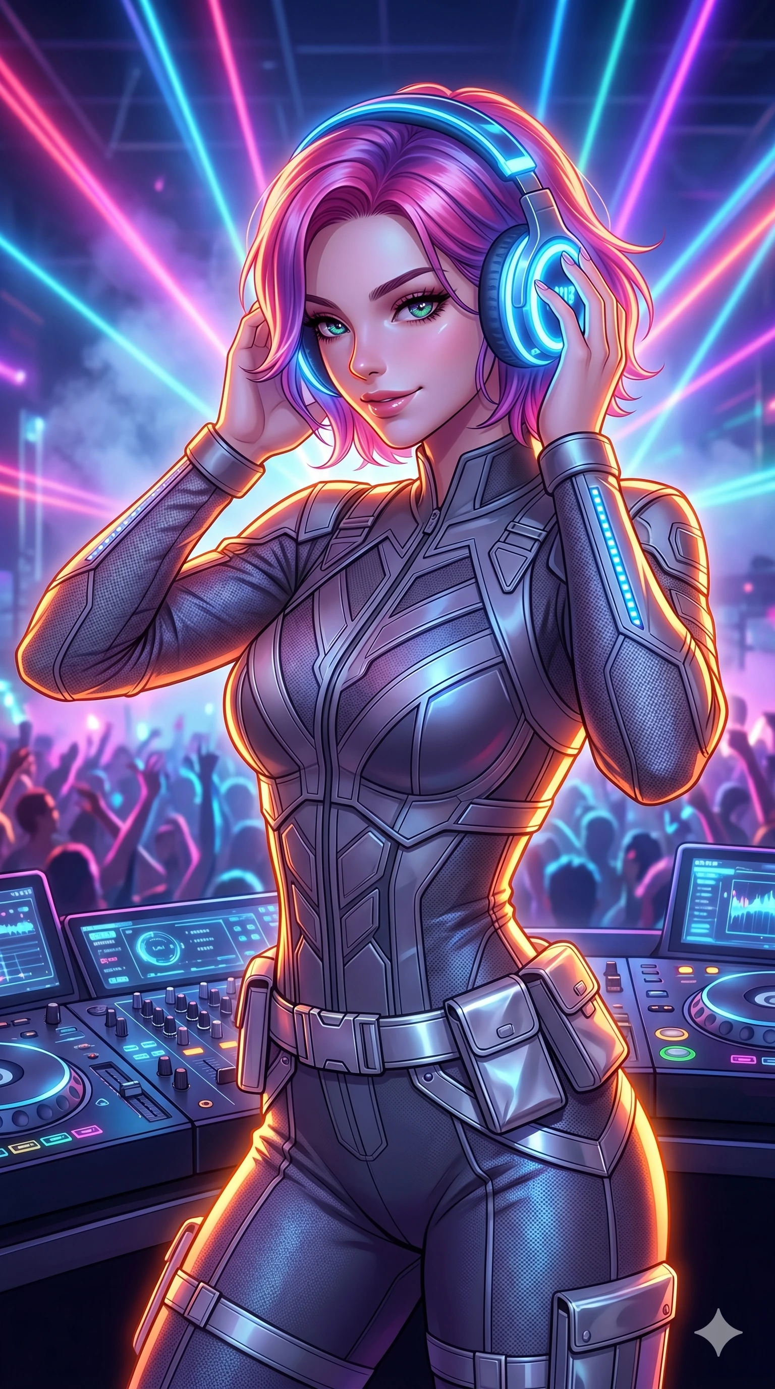 score_9, masterpiece, best quality, ultra-detailed, high-budget anime keyframe, Caucasian woman, strictly human ears. Upper body close-up from the thighs up, character filling the screen for maximum presence. She is adjusting glowing neon headphones at a futuristic rooftop DJ booth. She sways to the music, glancing down at the crowd below with a confident, mesmerizing smile. She has an absolutely perfect 8-heads proportion, a tall and elegant figure with a refined silhouette and a defined waistline. V-shaped jawline, high-bridge nose, intricate jewel-like eyes with depth, thick eyelashes, glossy lips with a natural sheen. She is wearing a high-fashion tech-jumpsuit featuring structured panel overlays across the torso and shoulders, accented by a metallic silver utility belt and textured fabric sleeves. The scene is lit by brilliant neon club laser beams and bright orange key lights tracing her silhouette. 2k, ultra detail, master piece, 9:16 ratio